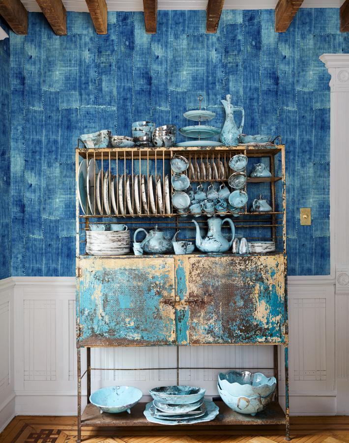 Chris Benz Lafayette Patchwork Blue Wallpaper - Peel and Stick Removable Wallpaper for Bedroom, Living Room, and Office Decor
