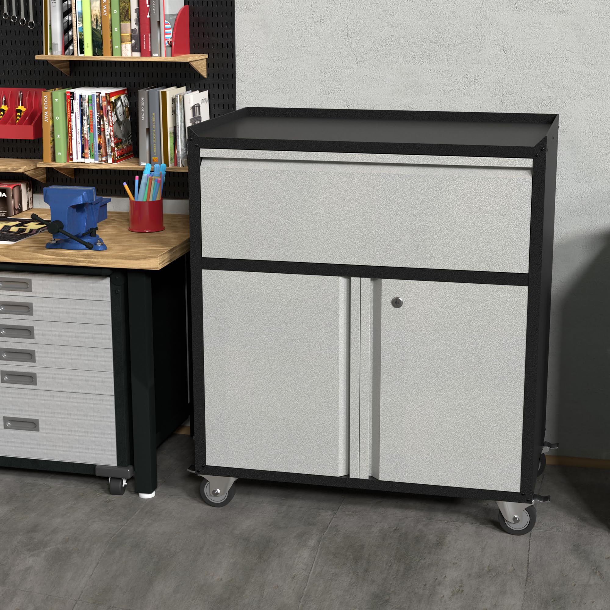 Heavy-Duty Metal Storage Cabinet with Wheels - Steel Rolling Tool Cabinet with 1 Drawer & 2 Doors - Garage, Home Office, Workshop & Garden Utility Organizer (Black/Gray) - Perfect for Tools, Equipment & Supplies Storage