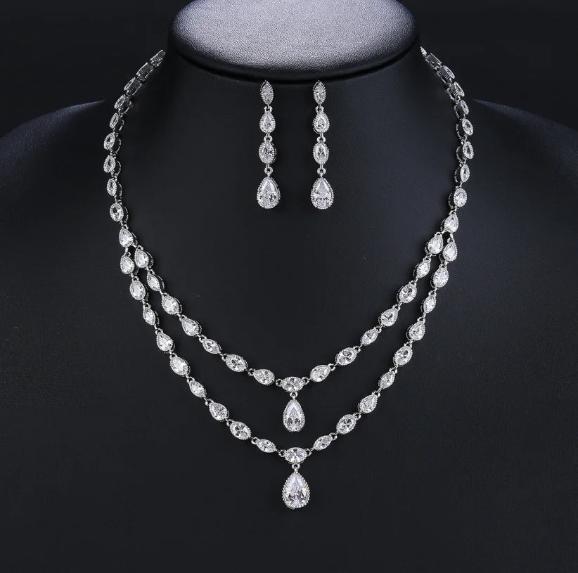 2-Layer AAA Cubic Zirconia Necklace & Earrings Set for Women - Elegant White Wedding Jewelry Gift Set - Perfect for Bridal, Anniversary and Special Occasions