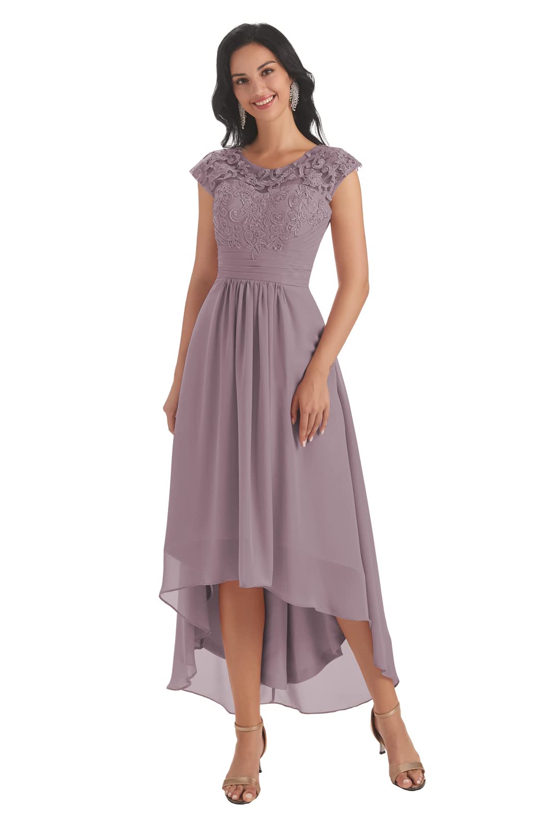 Elegant Tea Length Mother of the Bride Dress with Pockets - 2022 Lace Appliques Chiffon High-Low Formal Gown for Weddings, Rehearsal Dinners & Special Occasions