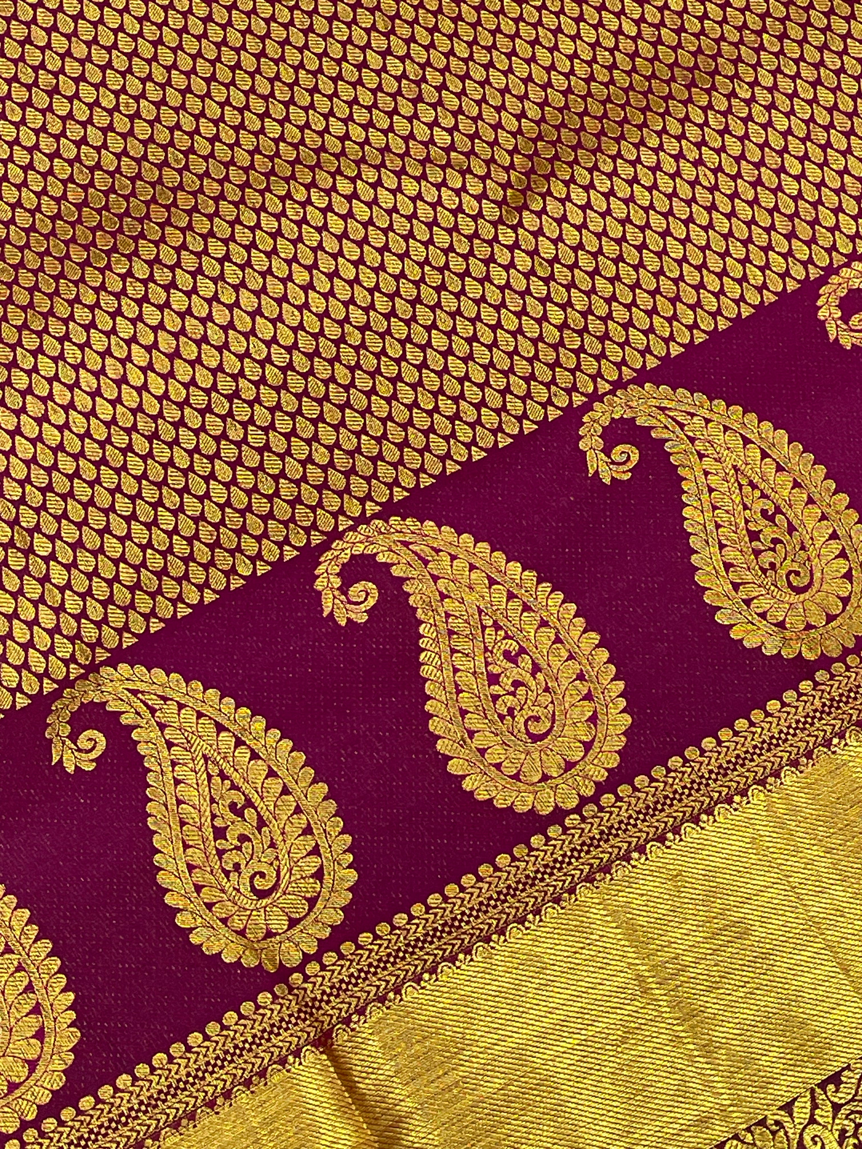 Elegant Dark Purple Pure Kanchi Silk Saree with Gold Zari Work & Tassels for Women | Traditional Indian Bridal & Party Wear | Perfect for Weddings, Festivals & Special Occasions