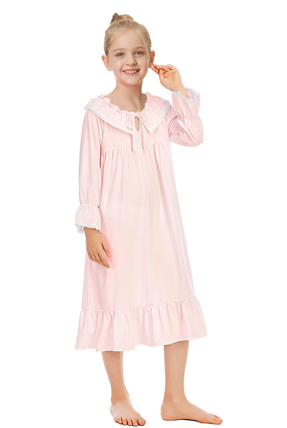Girls Long Sleeve Cotton Nightgown - Comfy Sleepwear Dress for 4-13 Years | Cute Princess Pajama Set for Bedtime & Lounge Wear | Perfect for Sleepovers, Holidays and Relaxing at Home
