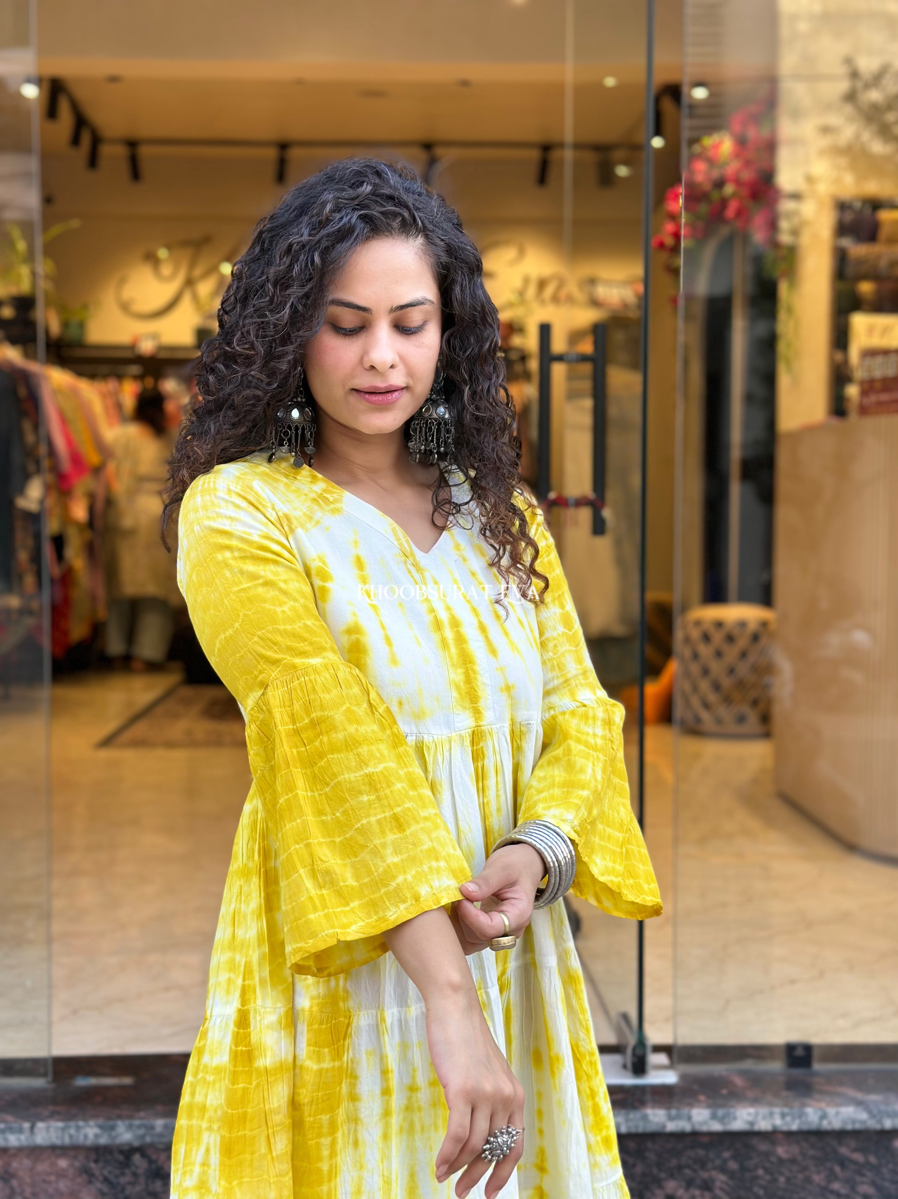 Sunshine Yellow Tie Dye Dress for Women - Boho Summer Maxi Dress with Flowy Sleeves - Perfect for Beach Vacations, Music Festivals & Casual Outings