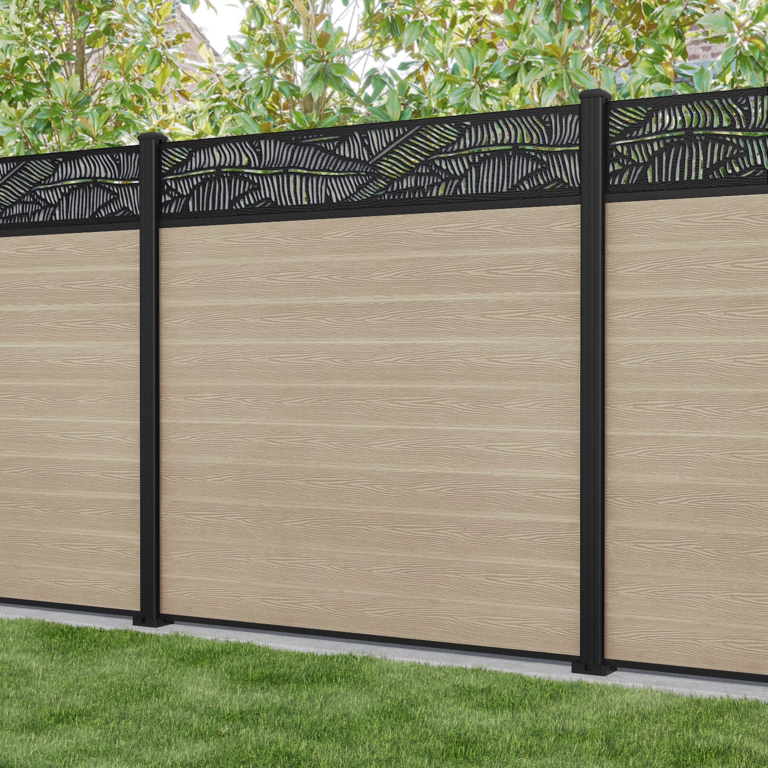 Classic Feather Fence Panel - Light Oak Wood Privacy Screen with Aluminum Posts | Outdoor Garden, Patio, and Backyard Decoration