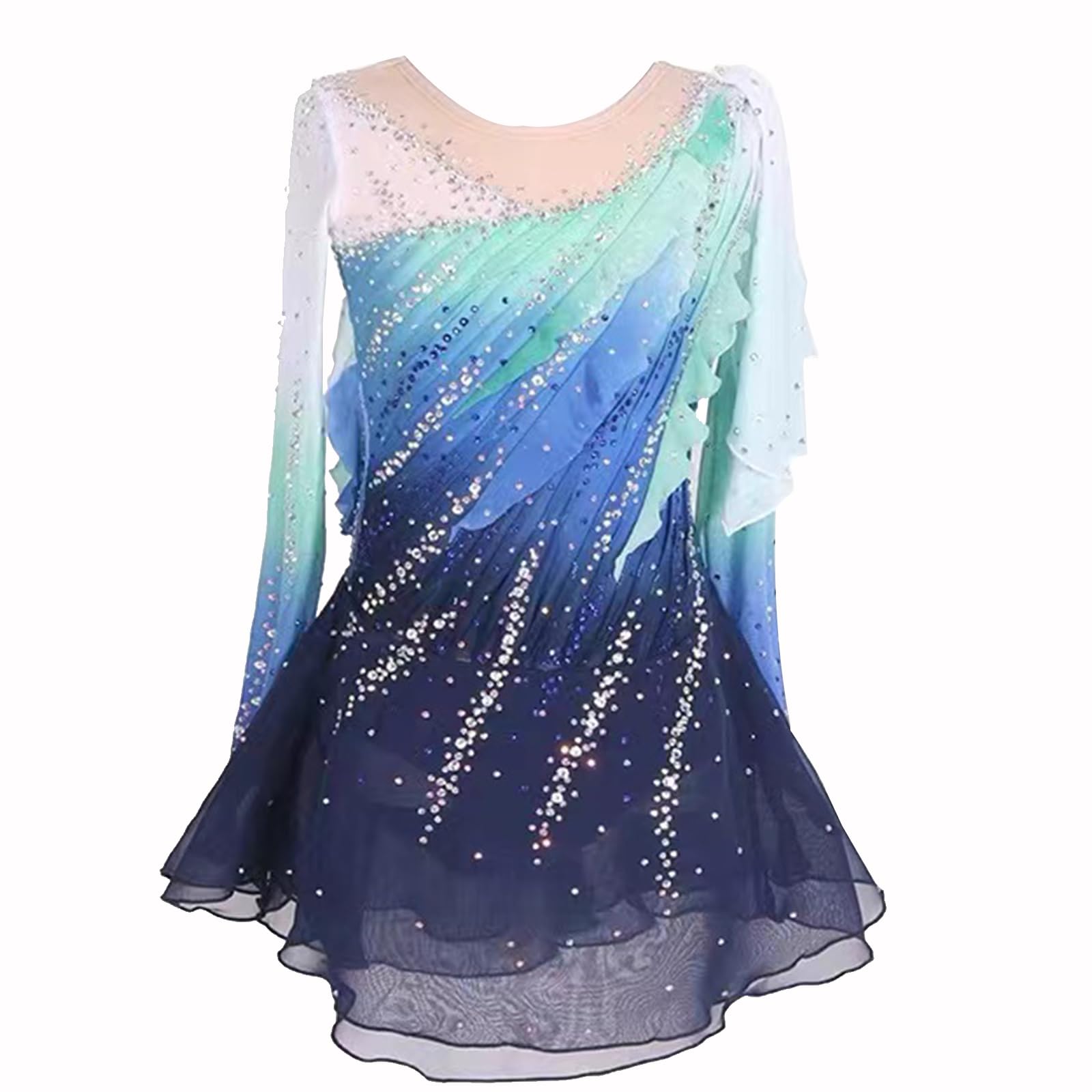 LIUHUO Girls Dance Dress with Gradient Blue Gems – Ballet, Gymnastics & Figure Skating Competition Costume | Kids Recital & Performance Outfit for Dance Shows, Ice Skating & Special Events | Perfect for Birthday Parties, School Events & Holiday Performances | Elegant Stage Wear for Competitions, Recitals & Gymnastics Meets | Ideal for Ballet Performances, Ice Shows & Theatrical Events
