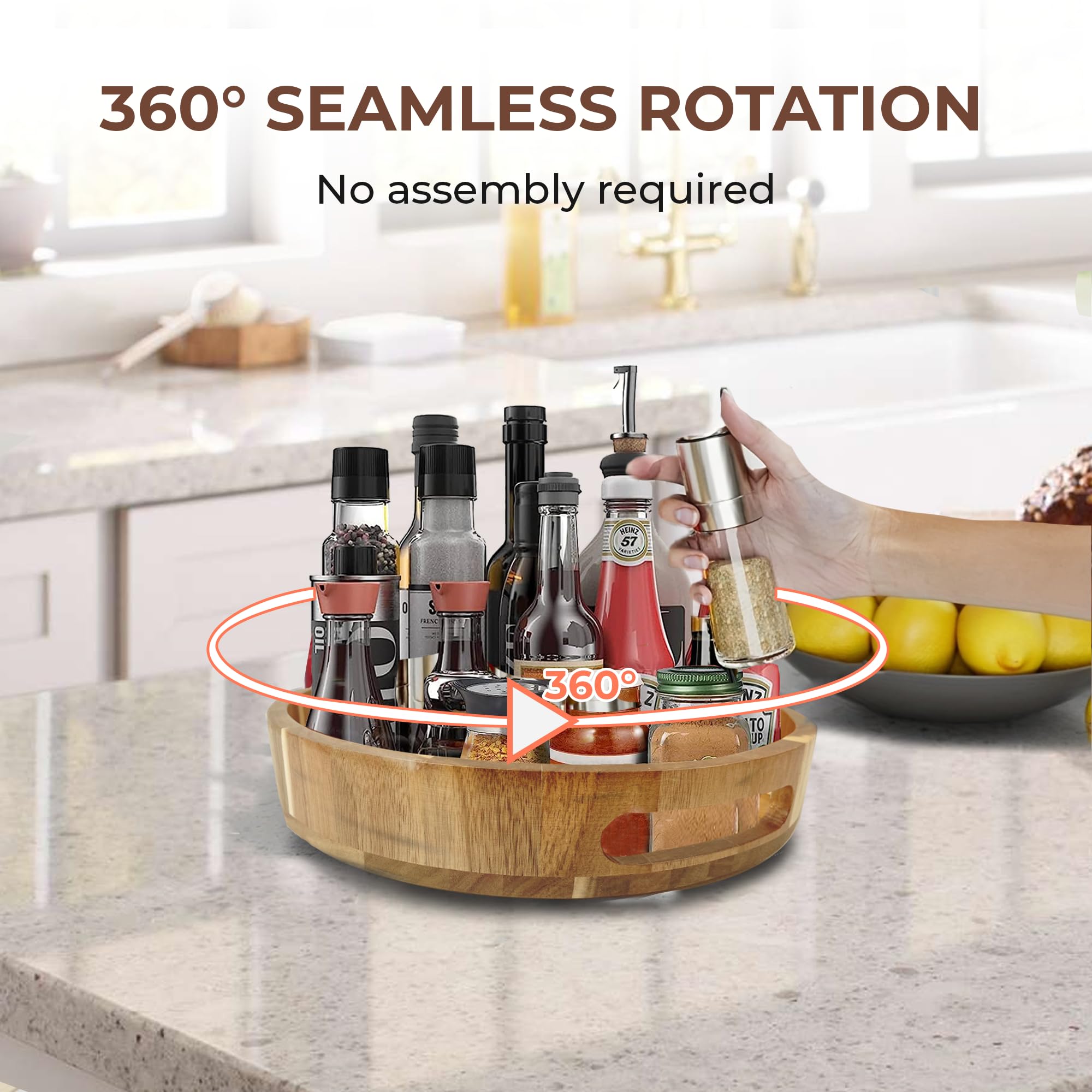 12 Inch Wooden Lazy Susan Turntable Organizer - 100% Acacia Wood Spinning Tray for Kitchen, Dining Table, Countertop & Pantry - Perfect for Spice Storage, Serving Dishes & Cabinet Organization