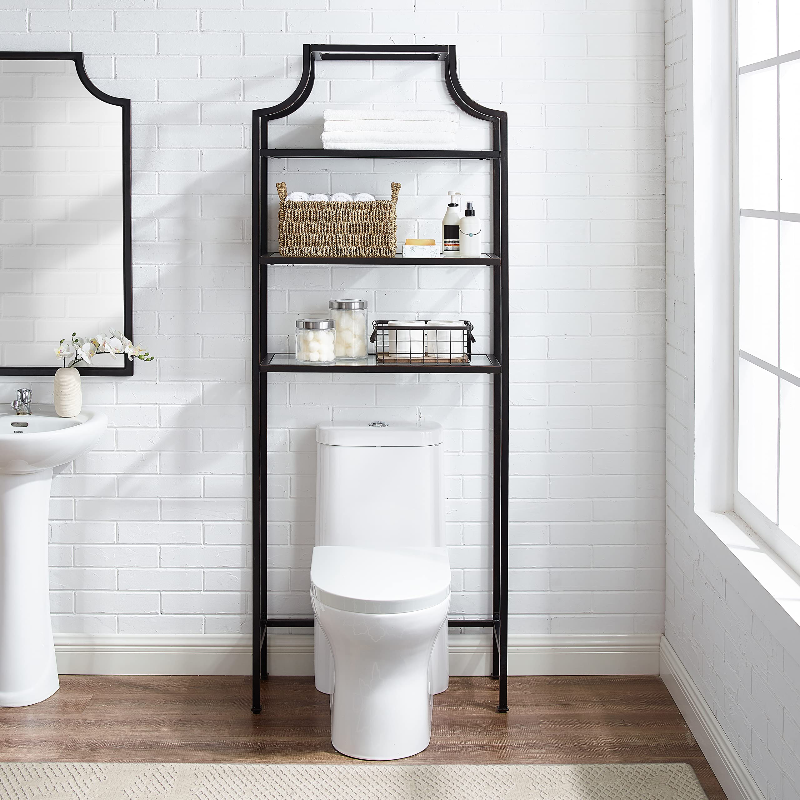Crosley Aimee Over The Toilet Storage Cabinet with 3 Shelves - Oil Rubbed Bronze Bathroom Organizer for Towels, Toiletries & Cosmetics - Space Saving Solution for Small Bathrooms