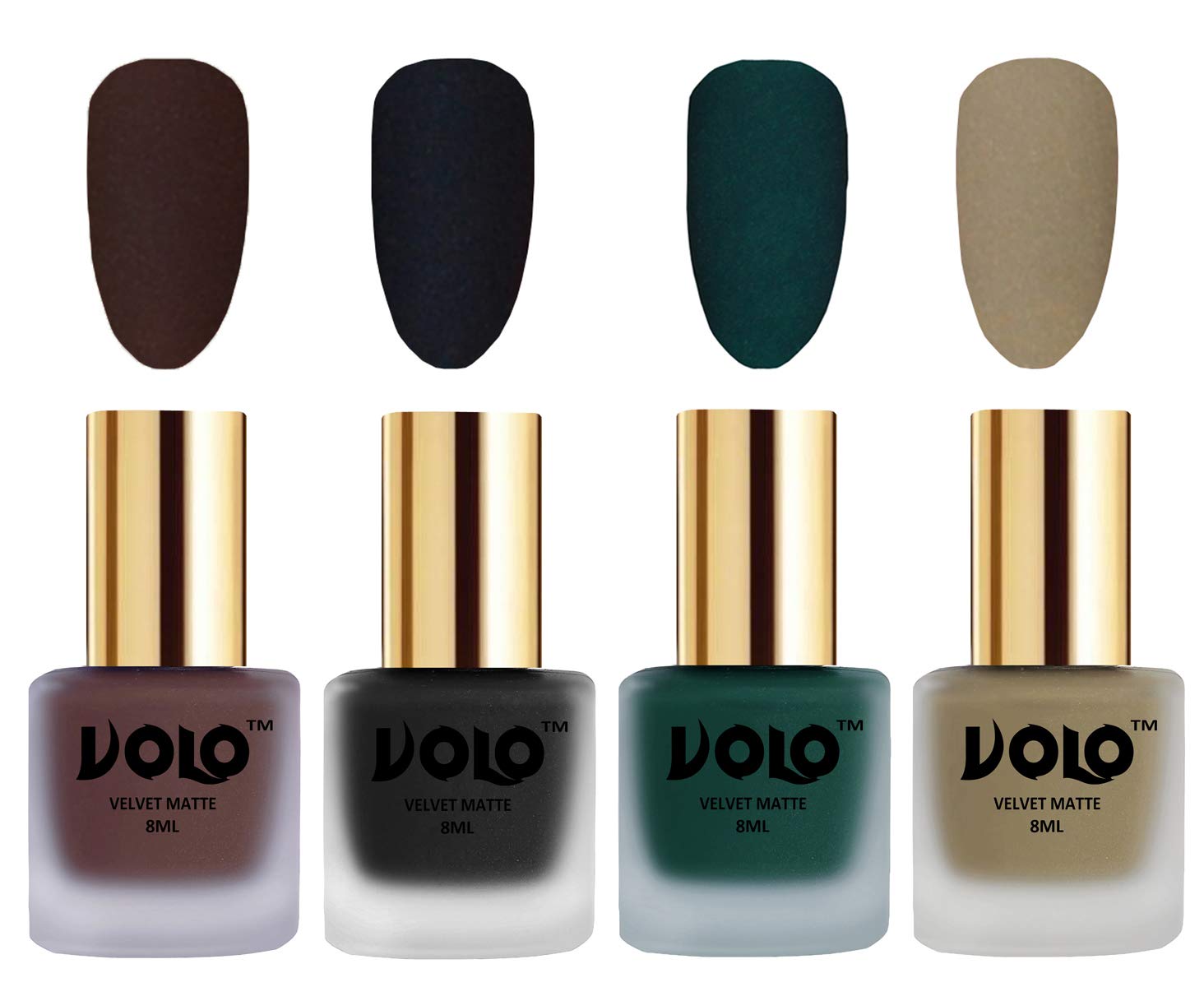 Volo Velvet Matte Nail Polish Set - Pack of 4 (Chocolate Brown, Black, Dark Green, Sand Nude, 32ml Each) | Long-Lasting, Non-Chip Formula for Parties, Weddings & Special Occasions