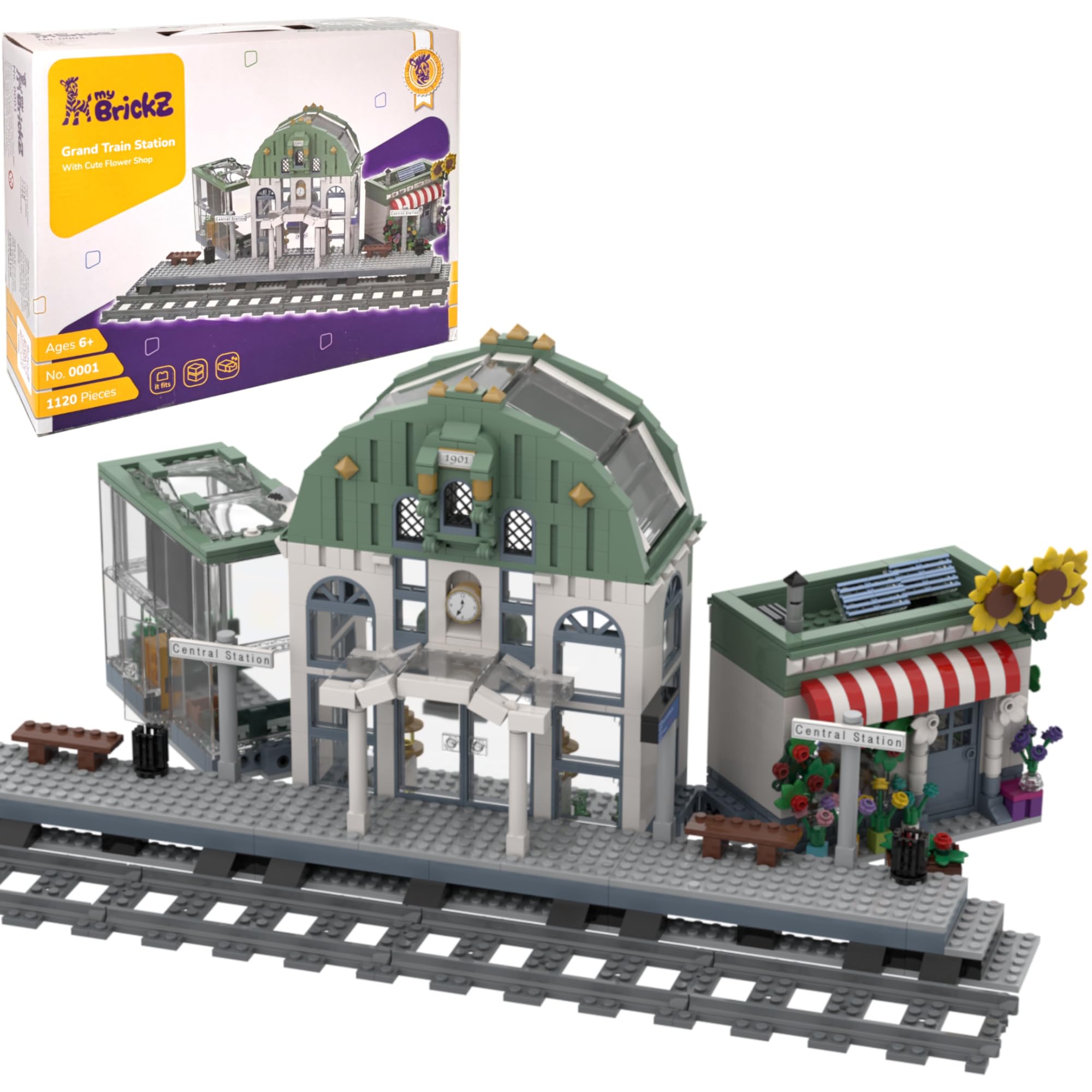 myBrickZ 0001 Grand Train Station with Flower Shop - 1,120 Piece Building Blocks Set - Compatible with Lego - Creative MOC House for Train & City - Perfect Gift for Boys & Girls - Educational Construction Toy for City Layouts & Train Scenes