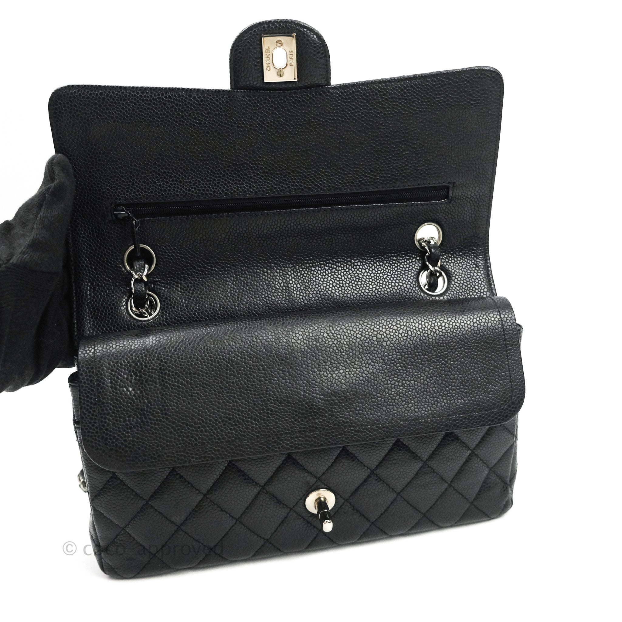 Chanel Classic Medium Double Flap Bag Black Caviar Leather with Silver Hardware - Luxury Designer Handbag for Women, Perfect for Work, Evening & Special Occasions
