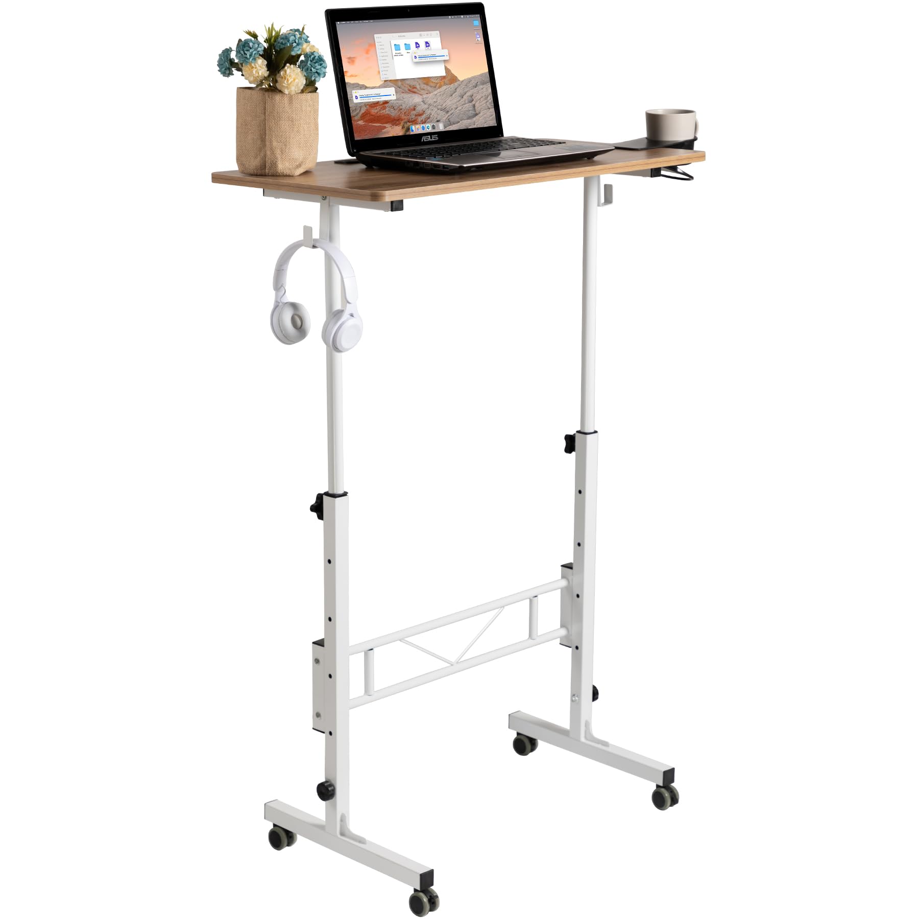 Adjustable Portable Laptop Desk with Wheels - Vintage Oak Overbed Table, 31.5