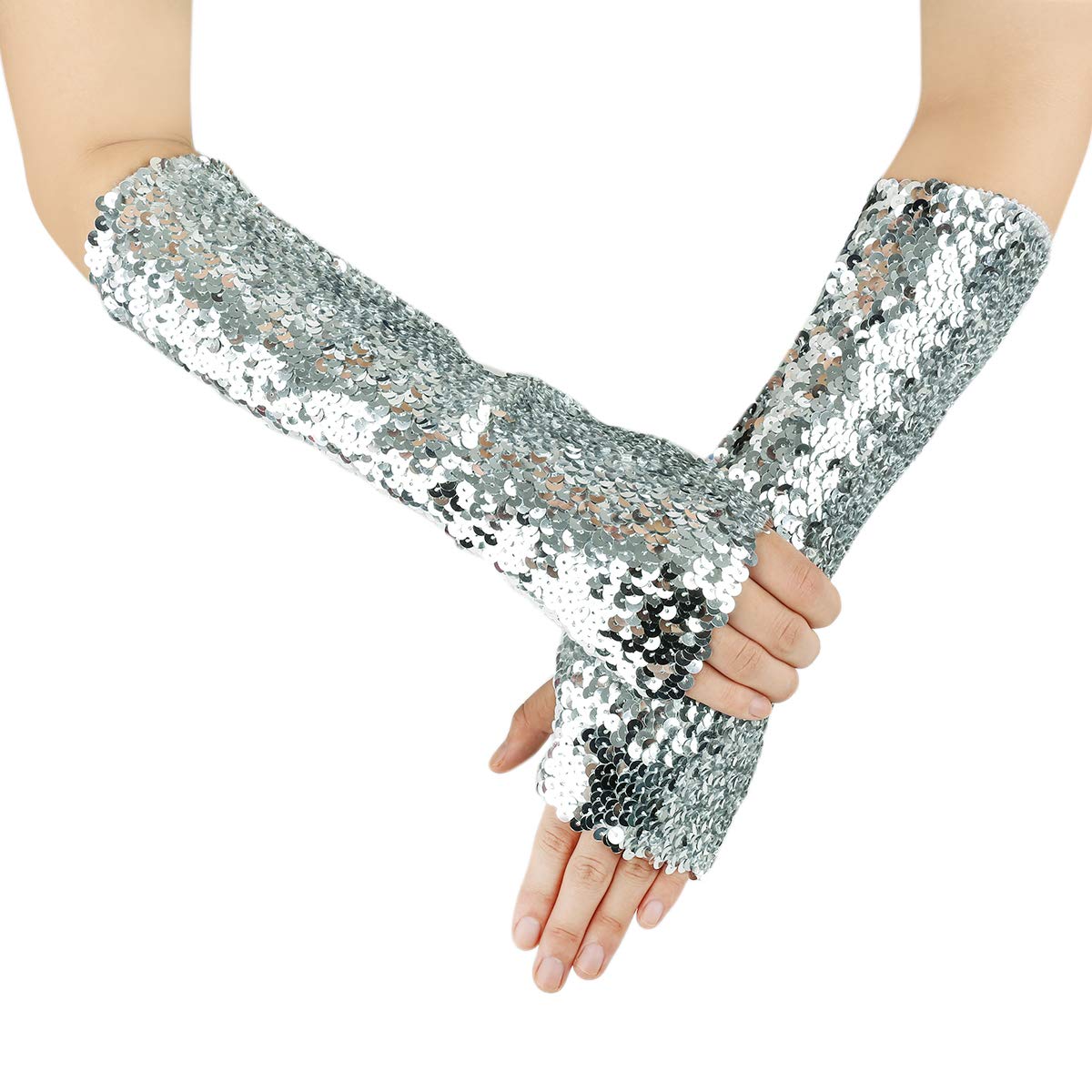 JISEN Shiny Sequins Arm Warmers - Stretchy Fingerless Gloves for Women, Fashionable Dance & Performance Accessories, Perfect for Cosplay, Rave Parties, and Winter Outfits