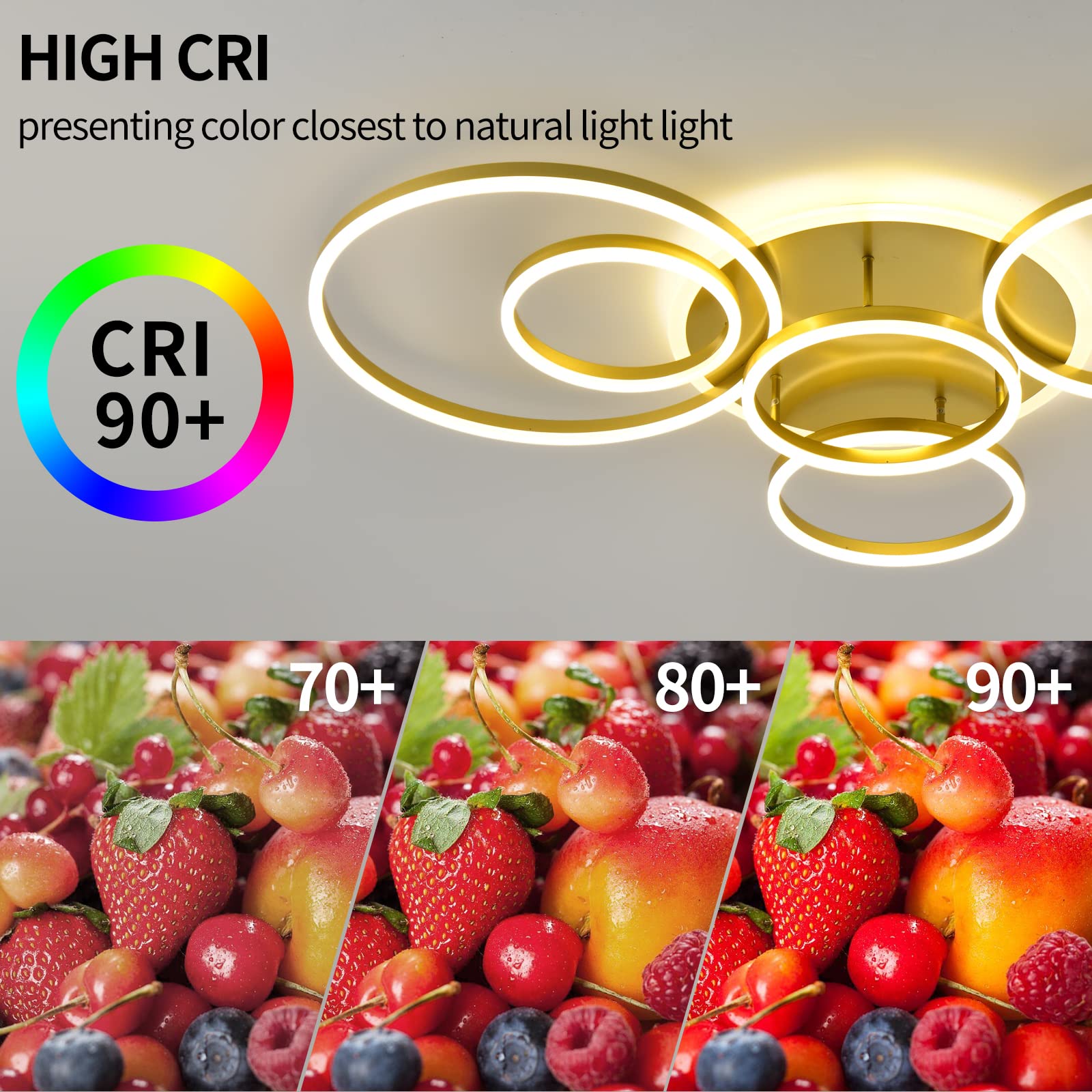 Modern LED Ceiling Light Fixture - 5 Ring Gold Flush Mount with Remote Control, 106W 10000LM Dimmable Lighting (3000-6000K) for Living Room, Bedroom, Kitchen & Dining Room | Energy-Efficient Home & Office Lighting Solution