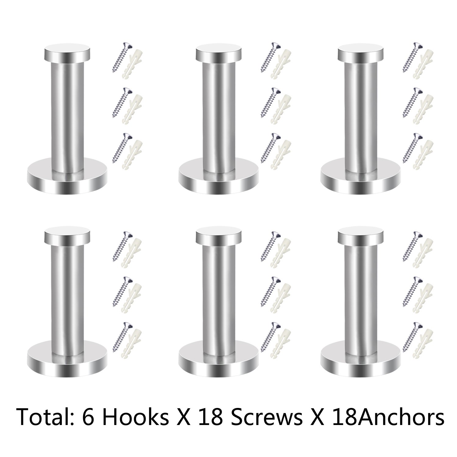 EBOOT 6-Pack Stainless Steel Wall Mount Hooks for Robe, Coat & Towel - 2 Inch Silver - Durable Bathroom & Bedroom Organizer for Home, Hotel & Closet Storage