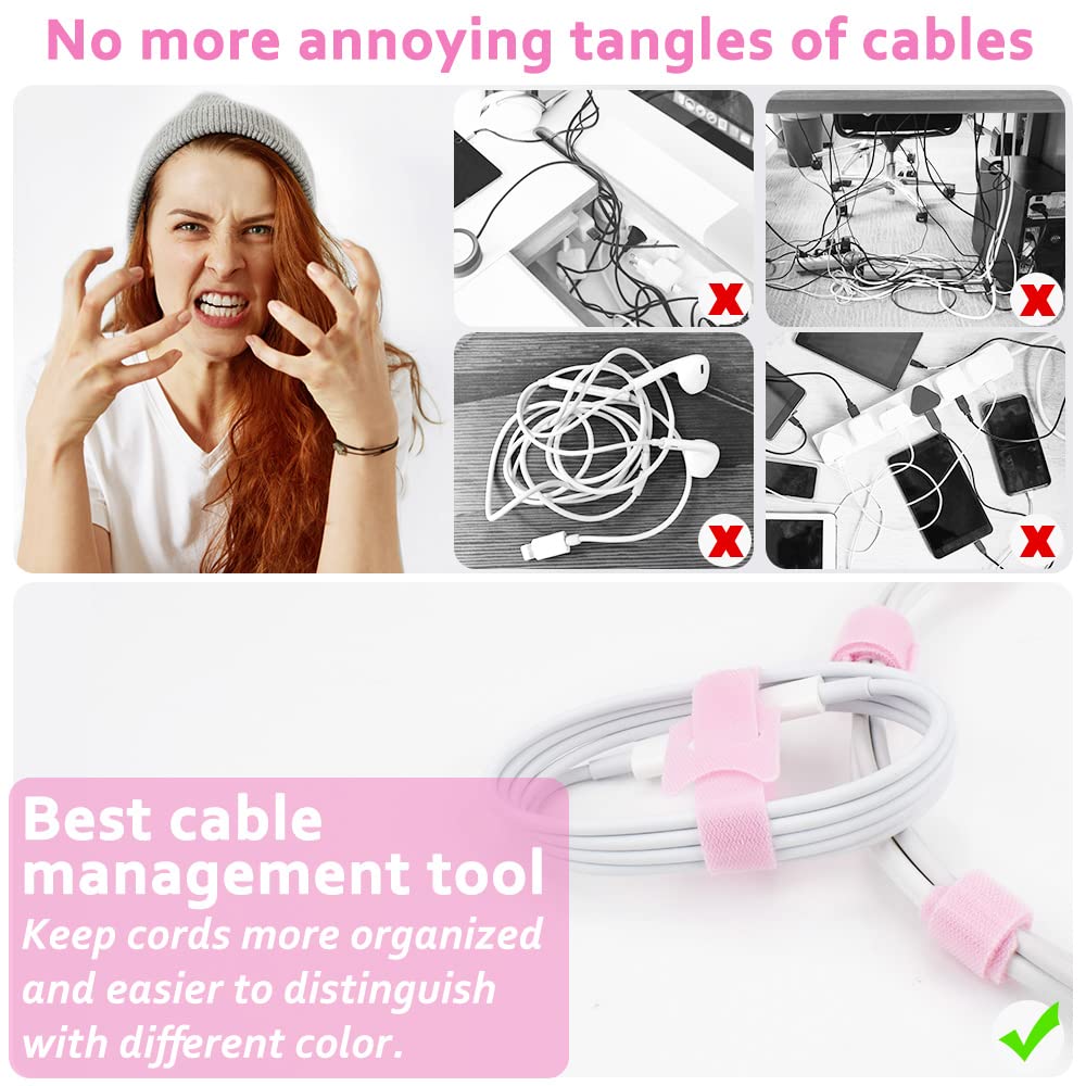 Reusable 70pcs Pink Cable Ties - 4/6/8 Inch Hook & Loop Wire Ties for Computer, Electronics Cord Management (Perfect for Home Office, Data Centers & DIY Organizing)