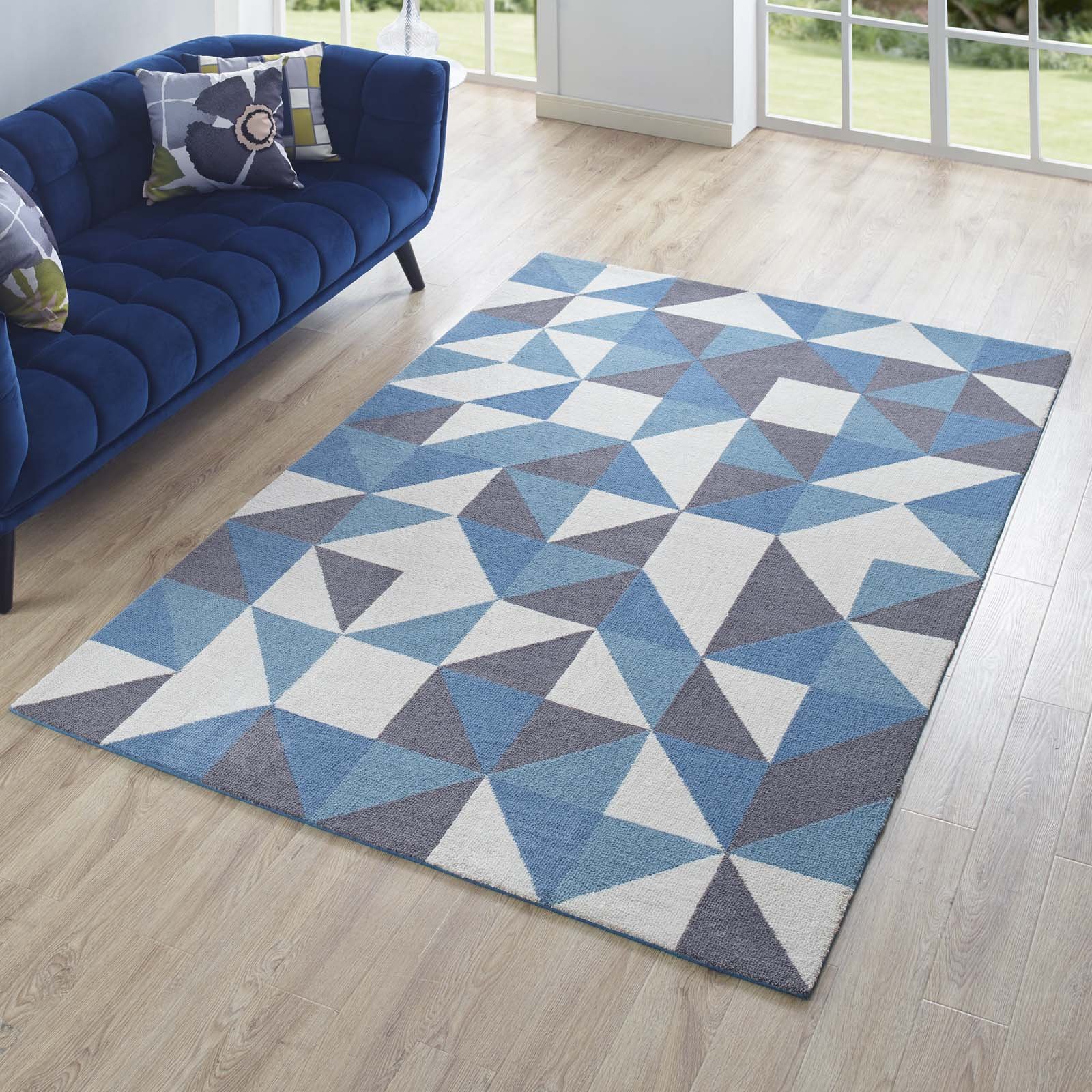 Modern Contemporary Urban Design Living Room Area Rug - Non-Slip Floor Carpet Runner in Multi Blue Fabric - Perfect for Lounge, Bedroom & Home Decor
