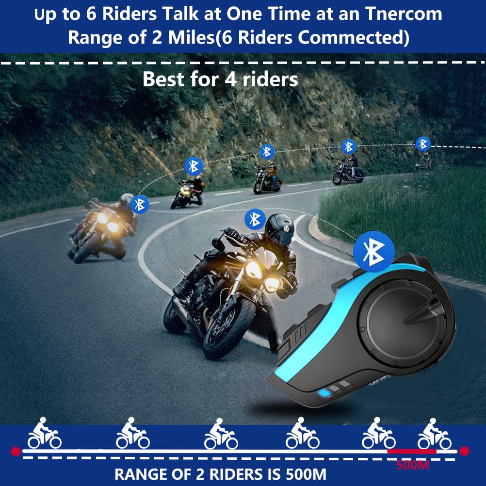 HY-2 Motorcycle Helmet Bluetooth Intercom Kit - DSP/CVC Noise Cancellation Headset for 6 Riders Group Communication, 2000m Range with FM Radio (1 Pack) - Perfect for Group Rides, Touring & Adventure Motorcycling