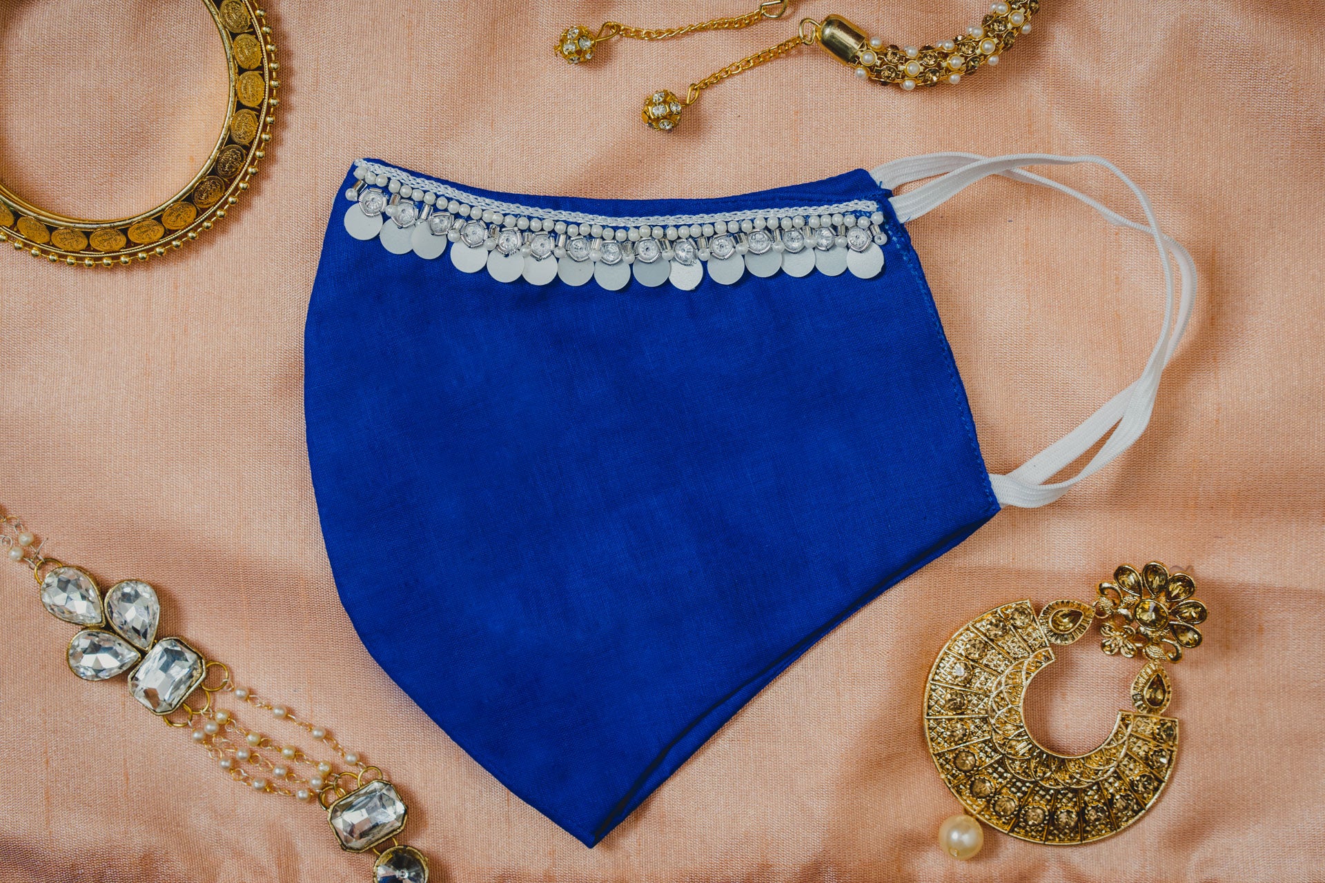 Royal Blue Cotton Face Mask with Hanging Tassel Embroidery - Breathable & Stylish for Everyday Wear, Parties, and Festivals