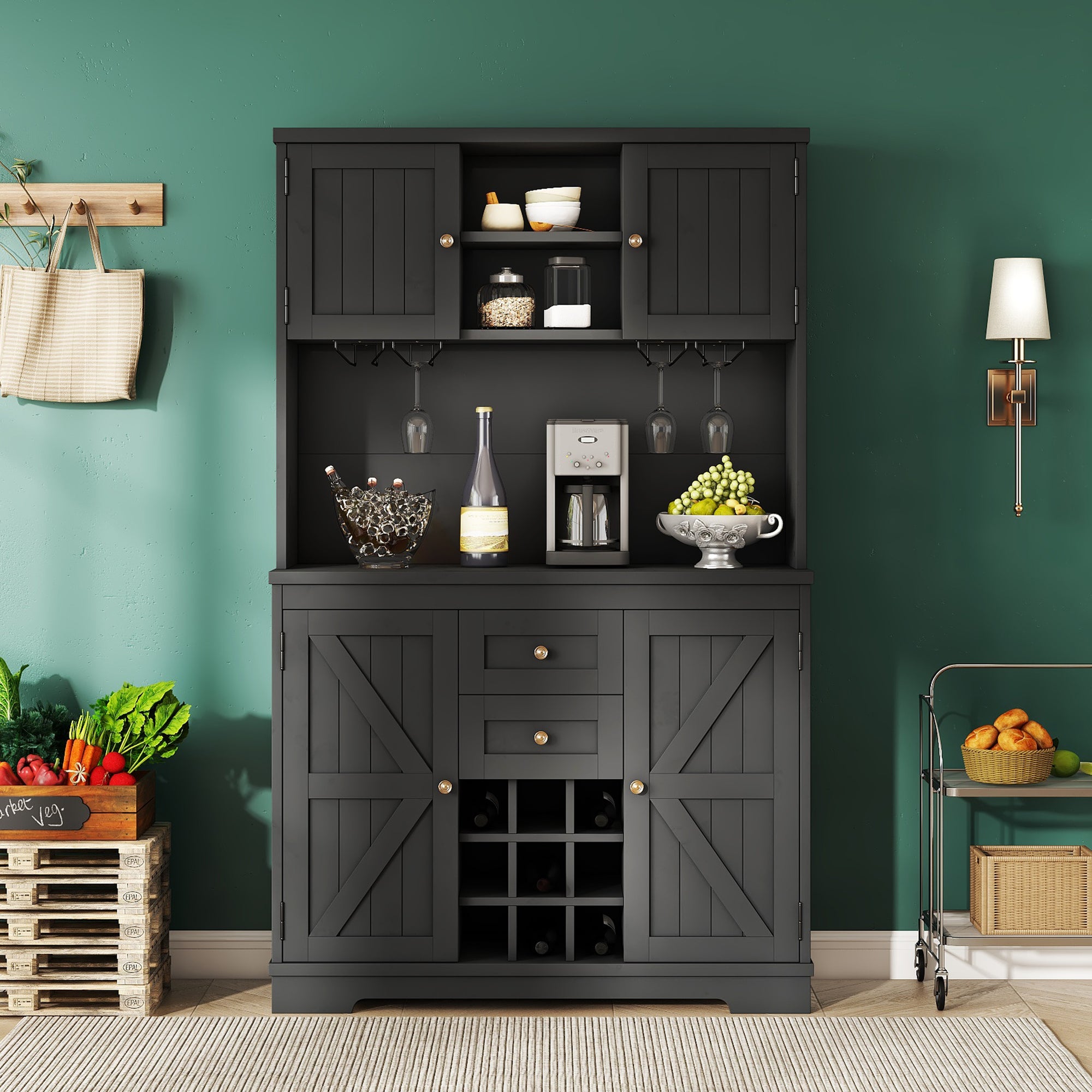 Farmhouse Coffee Bar Cabinet with Storage - Kitchen Buffet Cabinet with Drawers, Shelves & Wine Glass Racks - Rustic Dining Room Furniture for Kitchen, Bar & Entertaining - Black