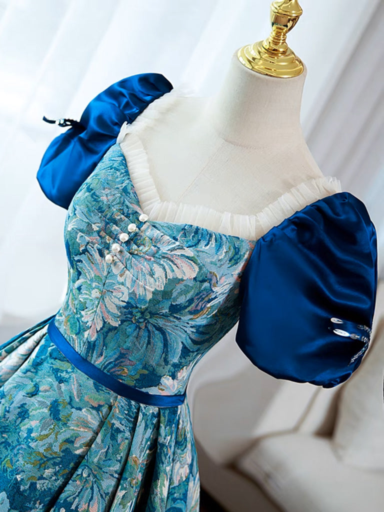 Elegant A-Line Puff Sleeve Satin Blue Long Prom Dress | Formal Evening Gown for Women | Perfect for Homecoming, Ball, and Special Occasions