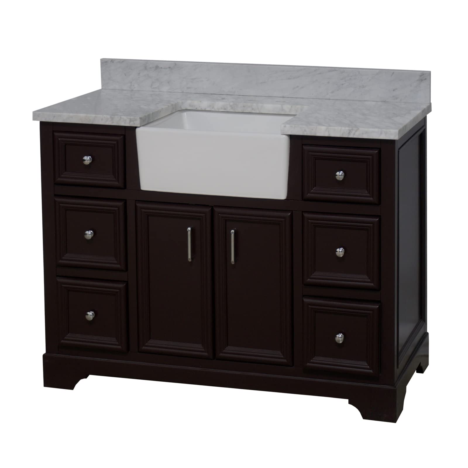 48-inch Farmhouse Vanity with Carrara Marble Top & Apron Sink - Rustic Bathroom Vanity Set with Chocolate Wood Cabinet & White Ceramic Sink for Modern Farmhouse, Cottage, or Vintage Style Bathrooms