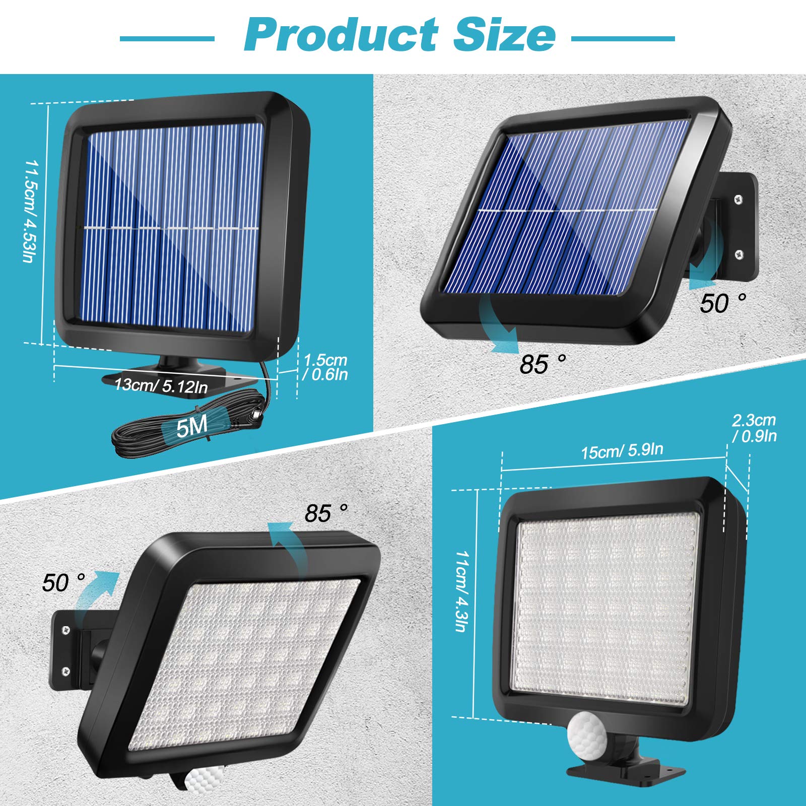 Shuniu 56 LED Solar Wall Lights Outdoor with Motion Sensor - Ultra Bright IP65 Waterproof Separable Solar Security Light (16.4ft Cord) for Patio, Yard, Deck, Garage, Driveway, Porch, Fence - Perfect for Nighttime Safety & Landscape Lighting