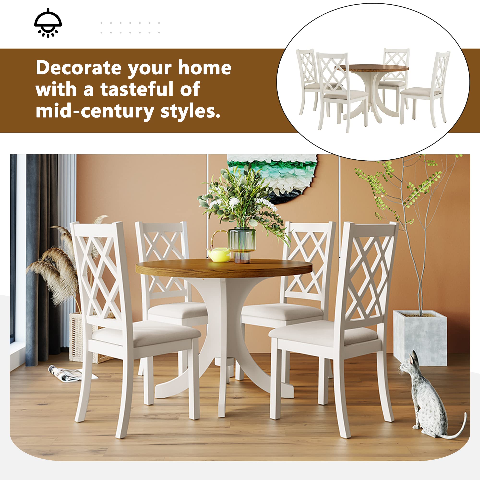 5-Piece Modern Farmhouse Dining Set with Round Acacia Wood Table & 4 Cross Back Chairs - Rustic Kitchen Table with Splayed Legs for Family Meals, Dinner Parties & Small Space Dining Rooms