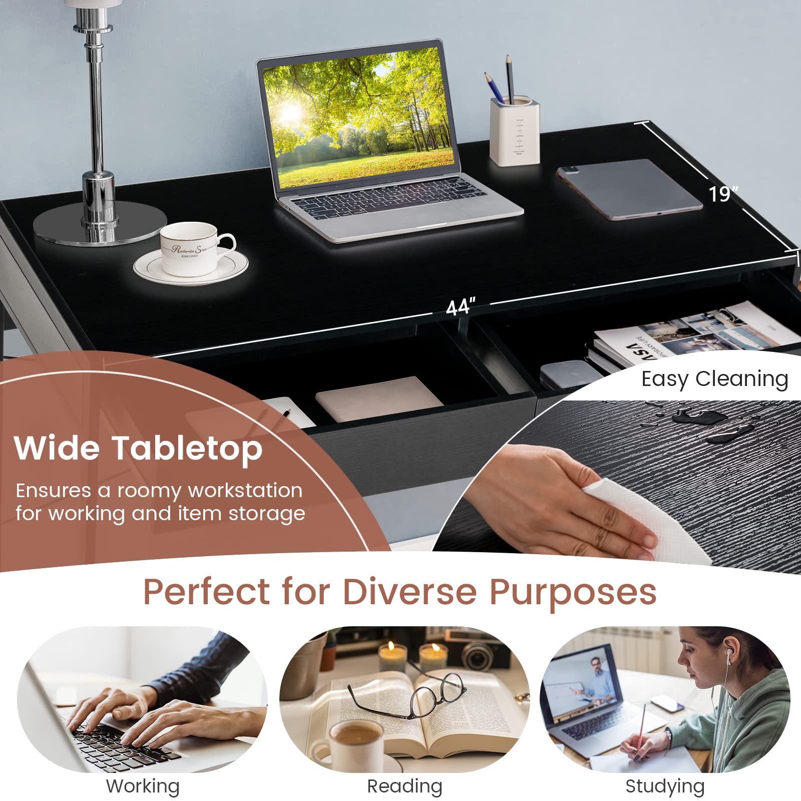 GOFLAME 44 Inch Computer Desk with 2 Storage Drawers - Sturdy Steel Frame Home Office Desk, Study Writing Workstation & Makeup Vanity Table for Living Room, Bedroom & Home Office - Perfect for Remote Work, Online Classes & Small Space Organization (Black)
