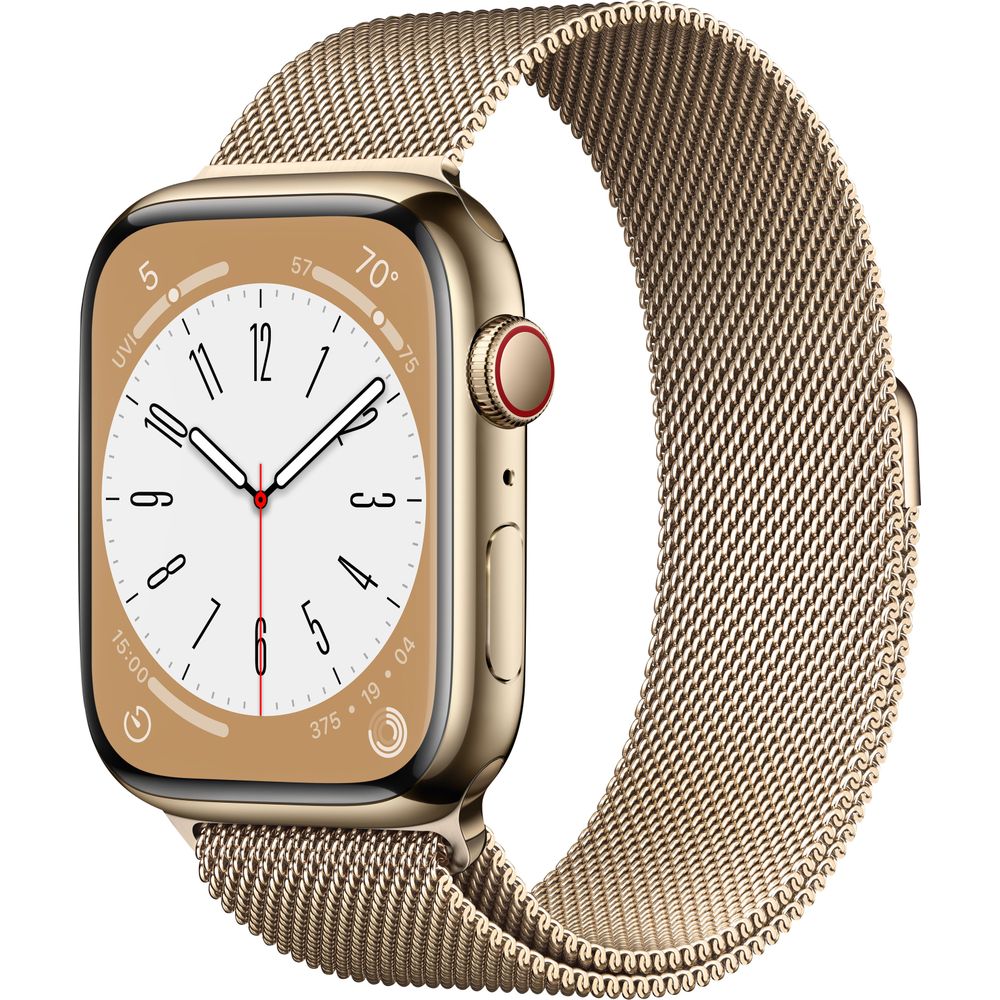 Apple Watch Series 8 (Gen 8) 45mm GPS + Cellular Gold Stainless Steel with Milanese Loop - MNKP3LL/A - Perfect for Fitness Tracking, Calls & Smart Notifications