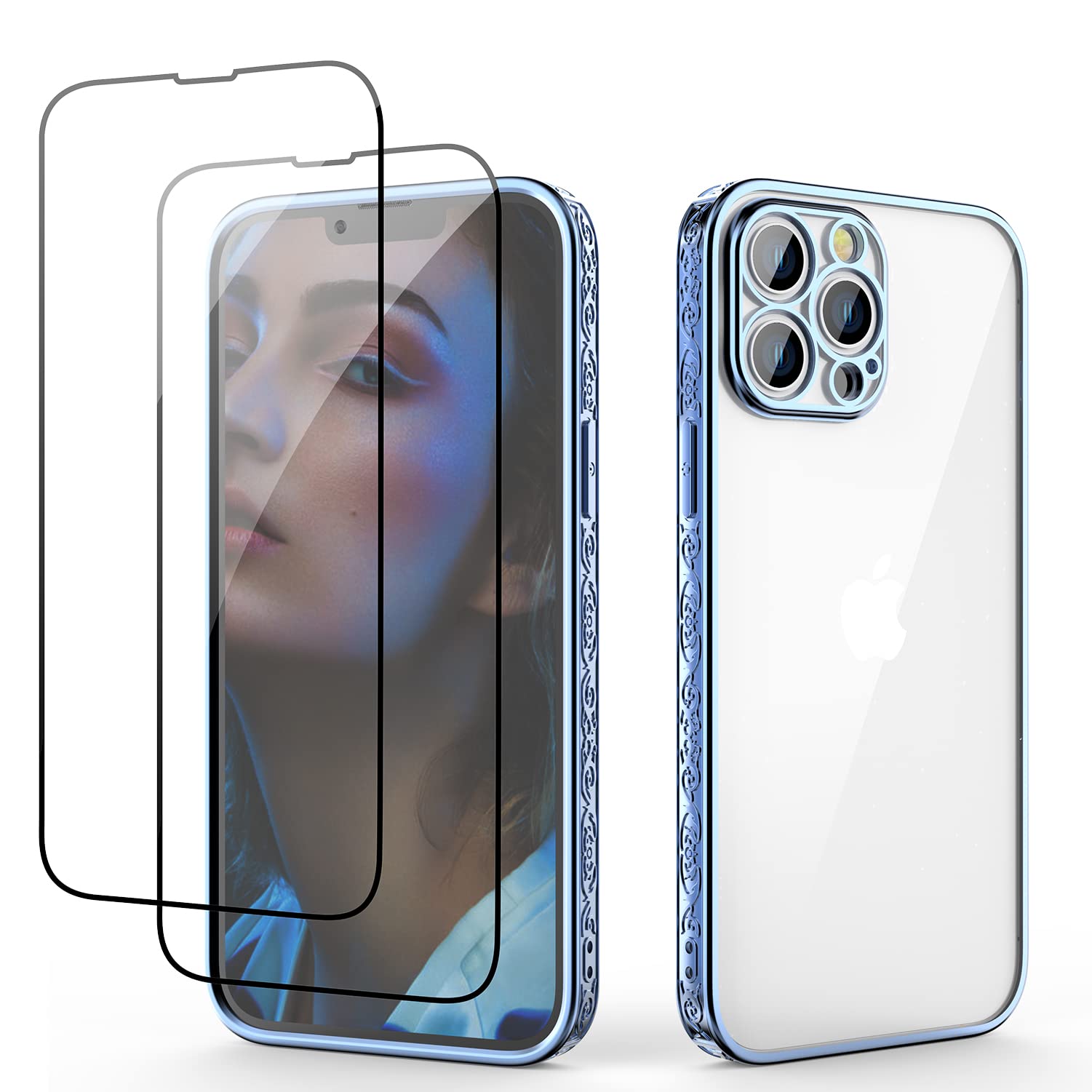 Premium Clear TPU Shockproof Case for iPhone 13 Pro Max (6.7 inch) with 2 Pack Tempered Glass Screen Protectors - Slim Protective Cover with Anti-Scratch & Anti-Yellowing Design - Perfect for Daily Use, Travel & Outdoor Activities (Blue)