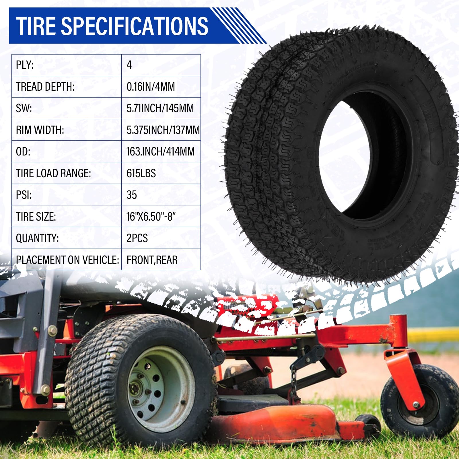 2Pcs 16x6.50-8 Lawn Mower Tires - Heavy Duty 4PR Tubeless Tractor Turf Tires, DOT Compliant for Zero Turn Mowers, Riding Lawn Tractors & Garden Equipment - Perfect for Lawn Care, Landscaping & Commercial Use