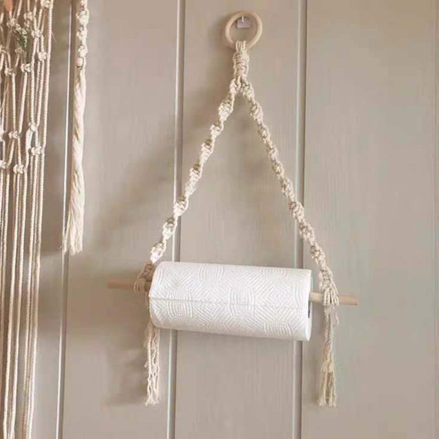Nautical Rope Toilet Paper Holder & Wall-Mounted Towel Rack with Wooden Hooks - Coastal Bathroom Decor, Natural Antique Rope Design for Beach House, Boat or Coastal Style Home Decor