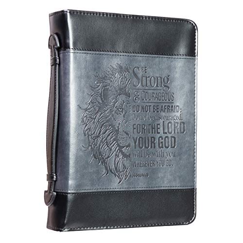 Christian Art Gifts Classic Faux Leather Bible Cover for Men & Women - Be Strong & Courageous Joshua 1:9 Inspirational Verse with Lion Design, Gray & Black, Medium Size | Perfect for Church, Bible Study & Daily Devotion