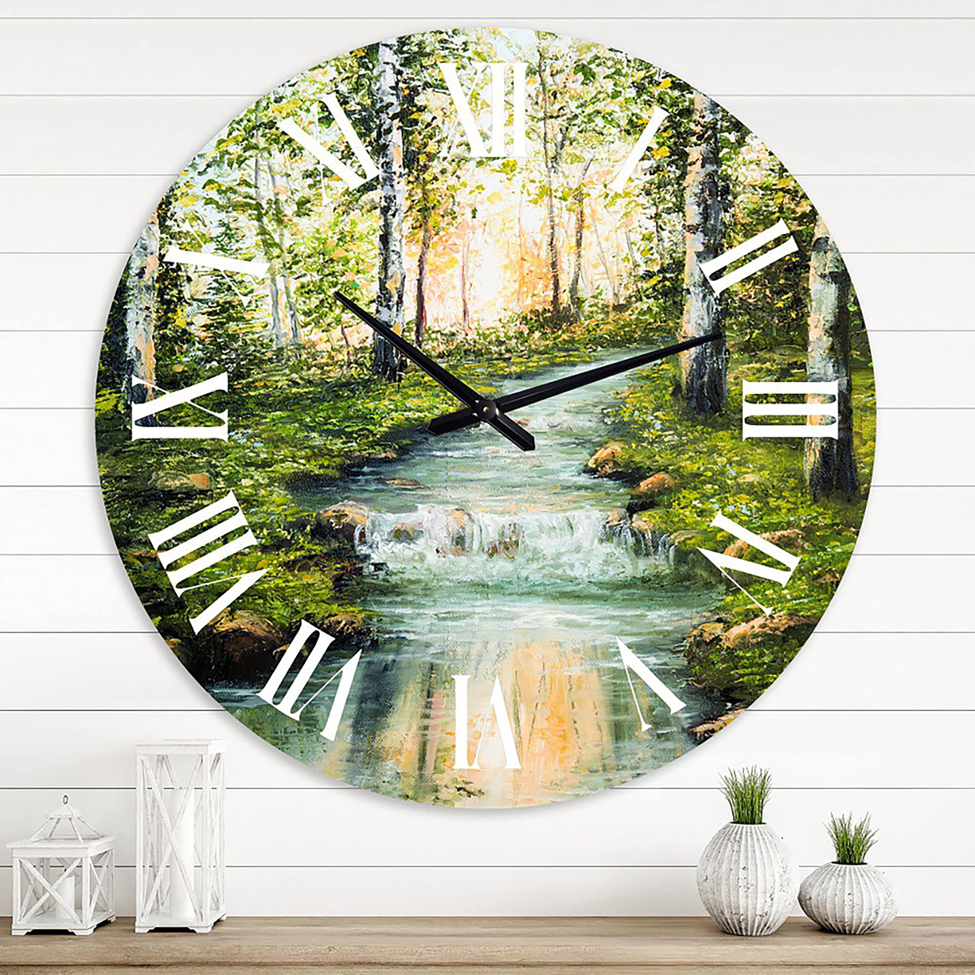 DesignQ Lake House Wall Clock 'River Through Birch Forest' - Large Landscape & Nature Wall Clock for Bedroom, Living Room, Office Decor - Perfect for Rustic, Farmhouse & Nature-Inspired Home Décor