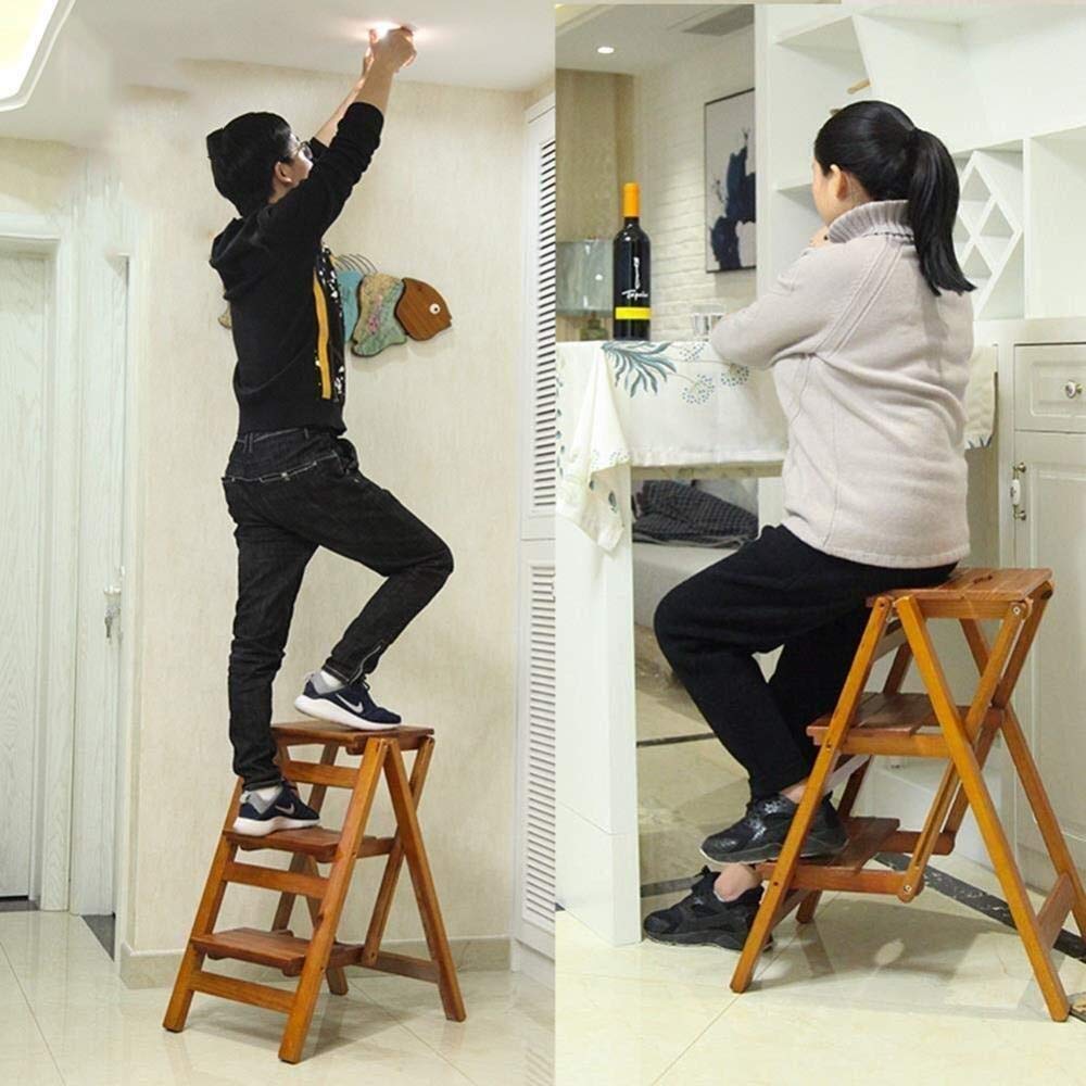 Solid Wood Folding Step Stool Ladder - 4 Step Multifunctional Climbing Stool for Home, Kitchen, Bathroom, and Kids - Compact & Space Saving Indoor Step Ladder for Reaching High Shelves and Storage