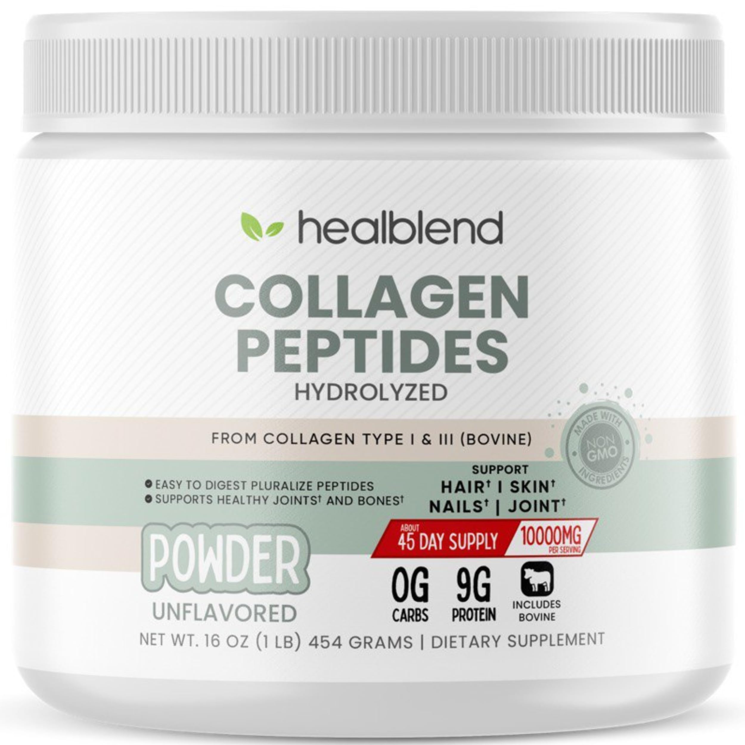 Healblend Hydrolyzed Bovine Collagen Powder - Multi Collagen Peptides Protein Supplement for Hair, Skin & Nail Health - 45 Servings (Perfect for Coffee, Smoothies & Daily Wellness Routine)