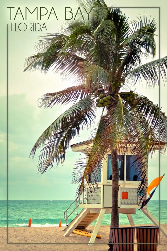 Tampa Bay Florida Lifeguard Shack & Palm Tree Wall Art Poster - 12x18 Inches Coastal Decor for Beach House, Living Room, Bedroom