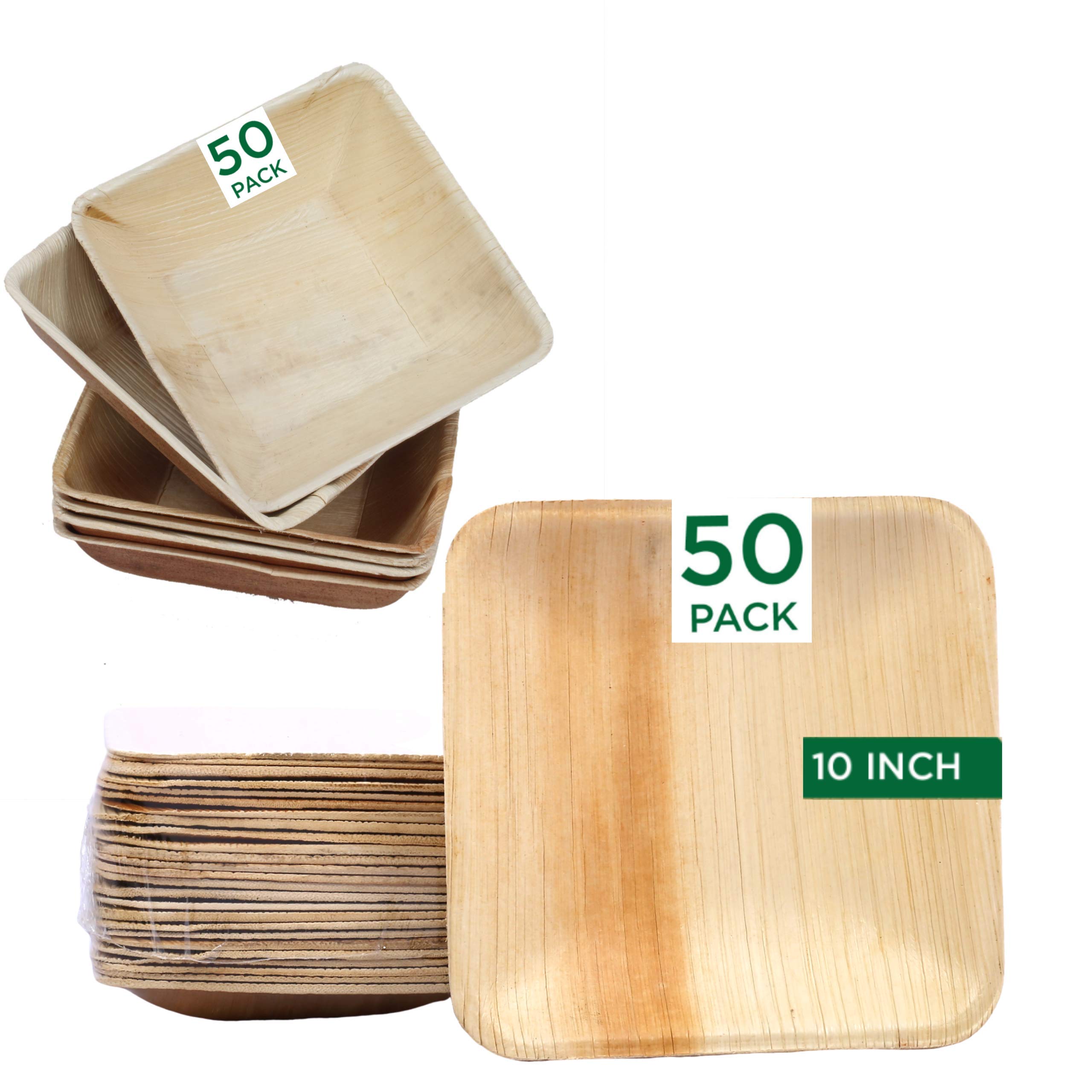 Eco-Friendly Raj Palm Leaf Plates & Bowls Set [100-Pack] - 50 Square 10