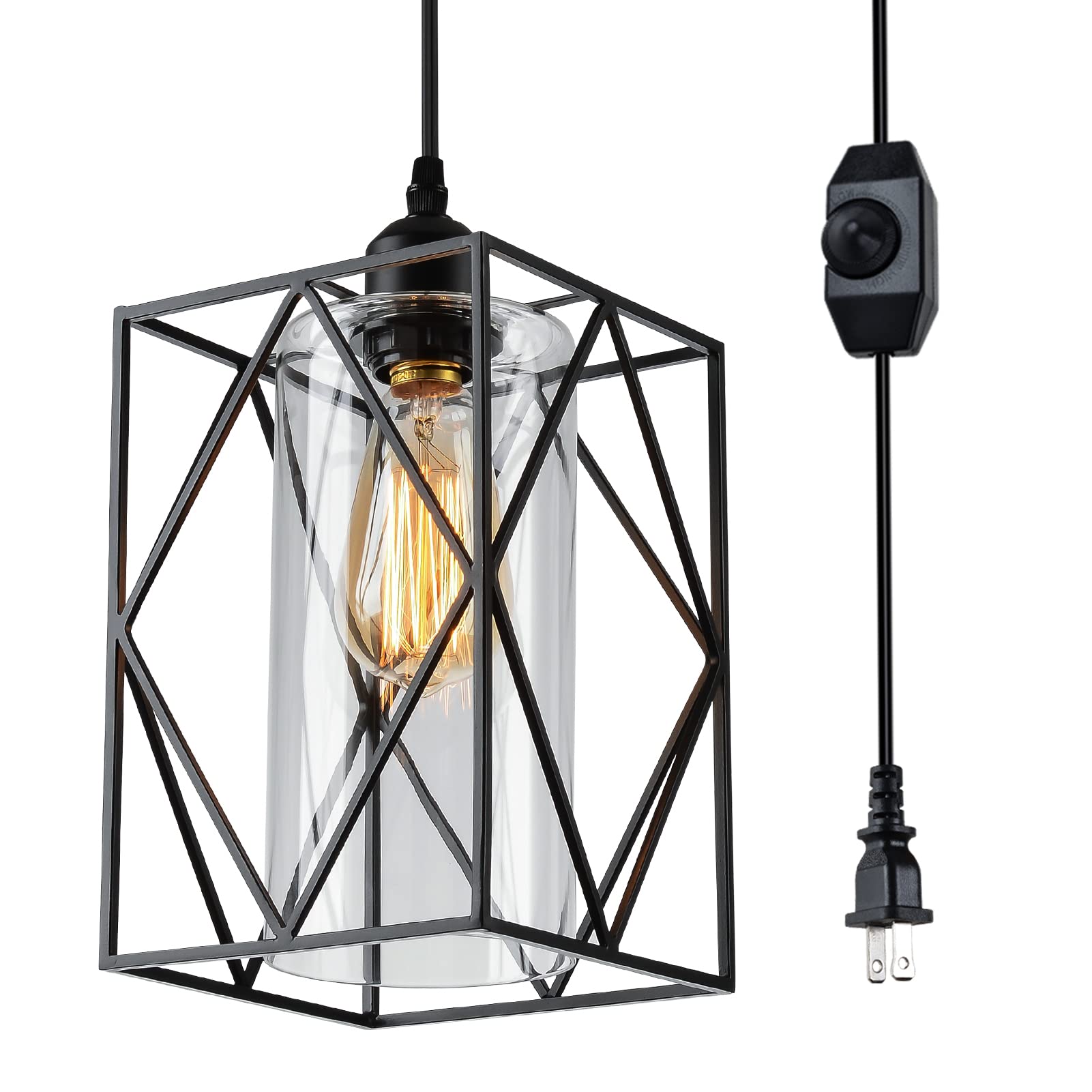 Farmhouse Plug-in Pendant Light with Dimmer - Outdoor/Indoor Hanging Light for Kitchen, Porch & Bedroom