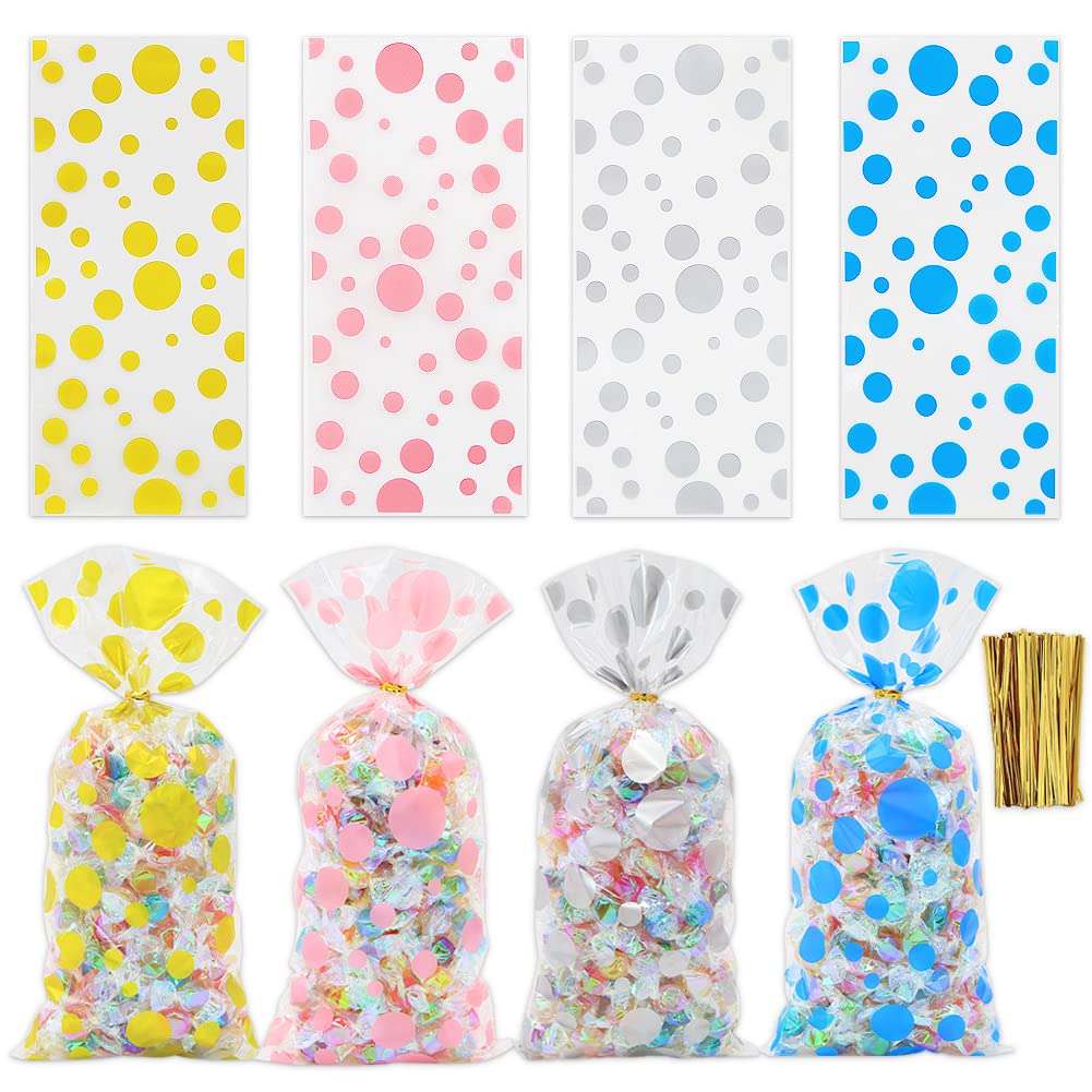 Polka Dot Cellophane Bags - 100pcs Clear Plastic Treat Bags with Twist Ties for Candy, Cookies, Nuts - Christmas, Wedding, Birthday, Easter Party Favor Supplies (4 Patterns) - Perfect for Gift Wrapping, Party Favors, and Holiday Treat Packaging