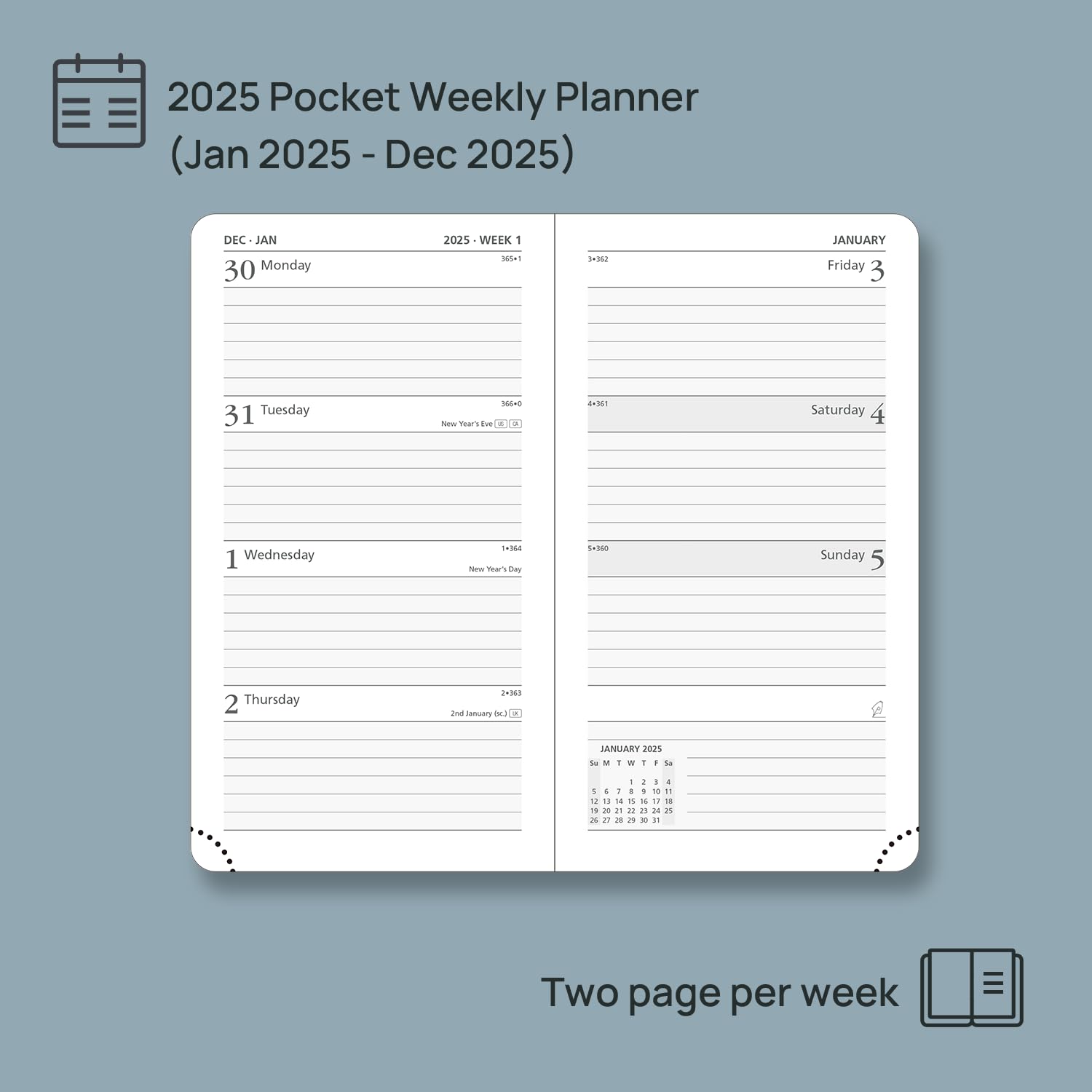 POPRUN Slim Diary 2025 - Hardback Pocket Planner (16.5x9 cm) | Weekly Vertical Layout with Inner Pocket | Light Pink | Perfect for Daily Scheduling, Work Planning & Personal Organization