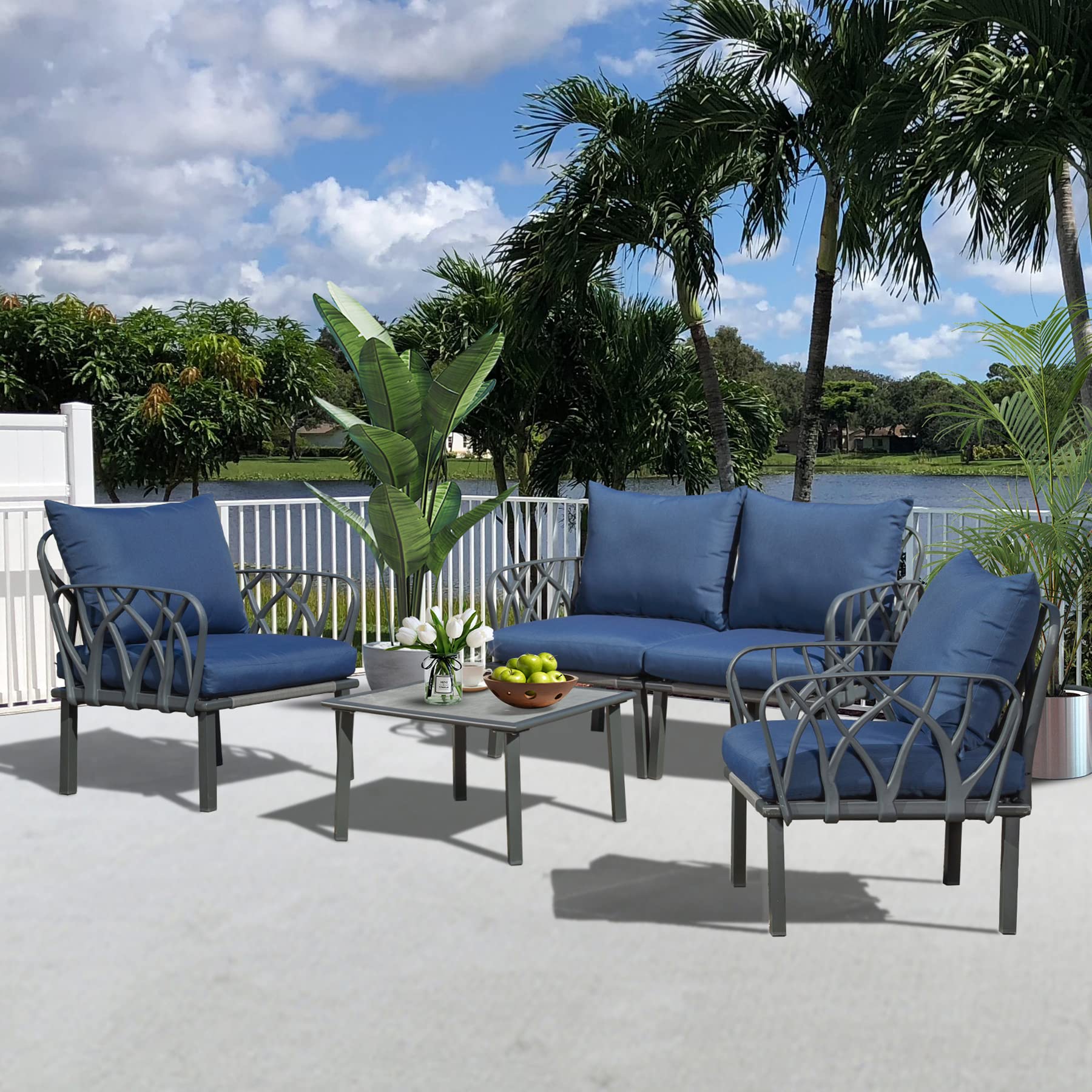 Domi Outdoor 4-Piece Patio Conversation Set with Removable Navy Blue Cushions, Plastic Dining Table and Chairs for Garden, Lawn, Yard - Perfect for Backyard BBQs, Poolside Relaxation & Outdoor Entertaining