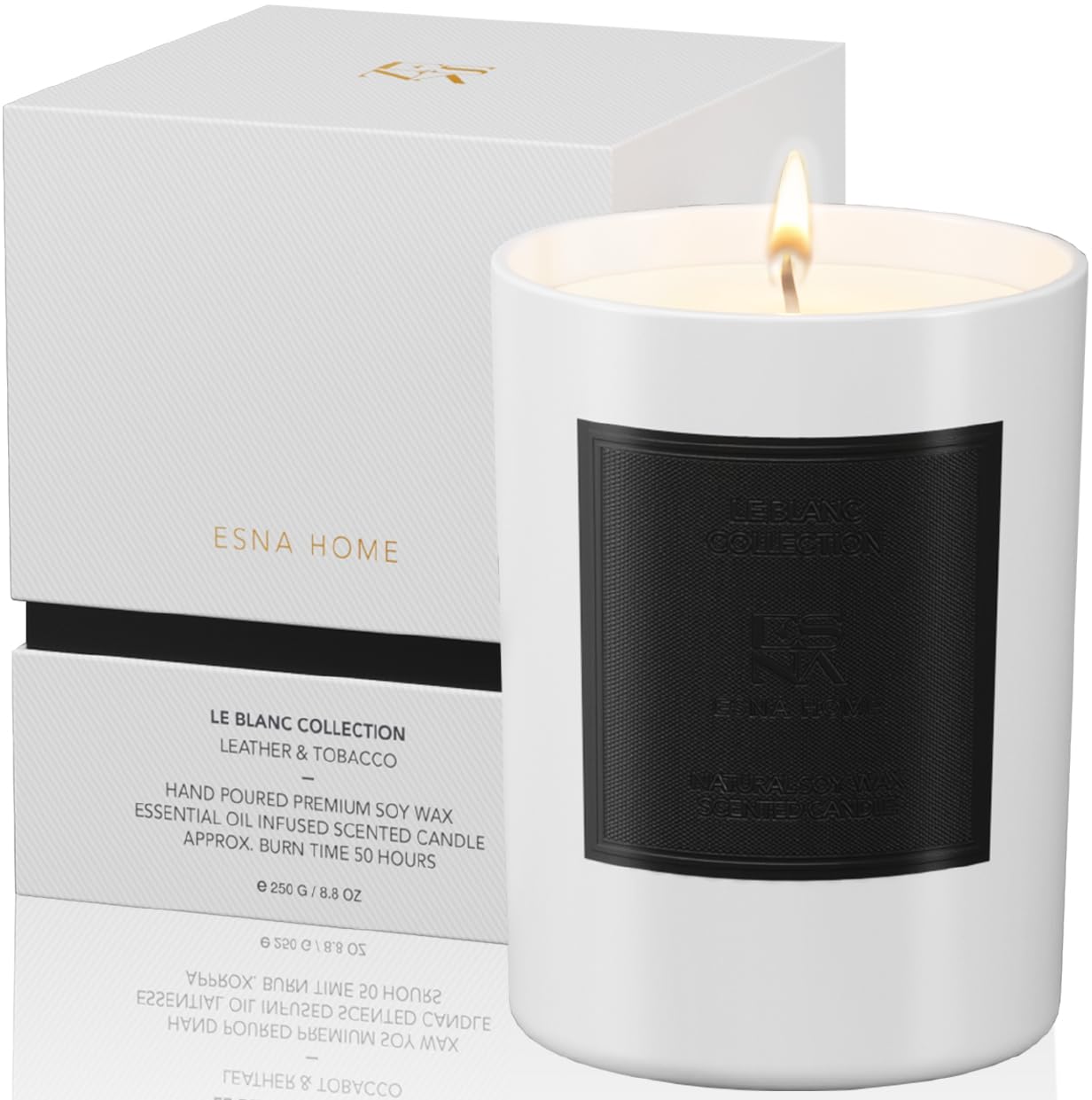 ESNA HOME Leblanc Leather & Tobacco Scented Soy Candle - 8.8oz All Natural Essential Oils Aromatherapy Candle - 50 Hours Burn Time - Perfect for Mother's Day Gifts, Home Decor & Relaxation