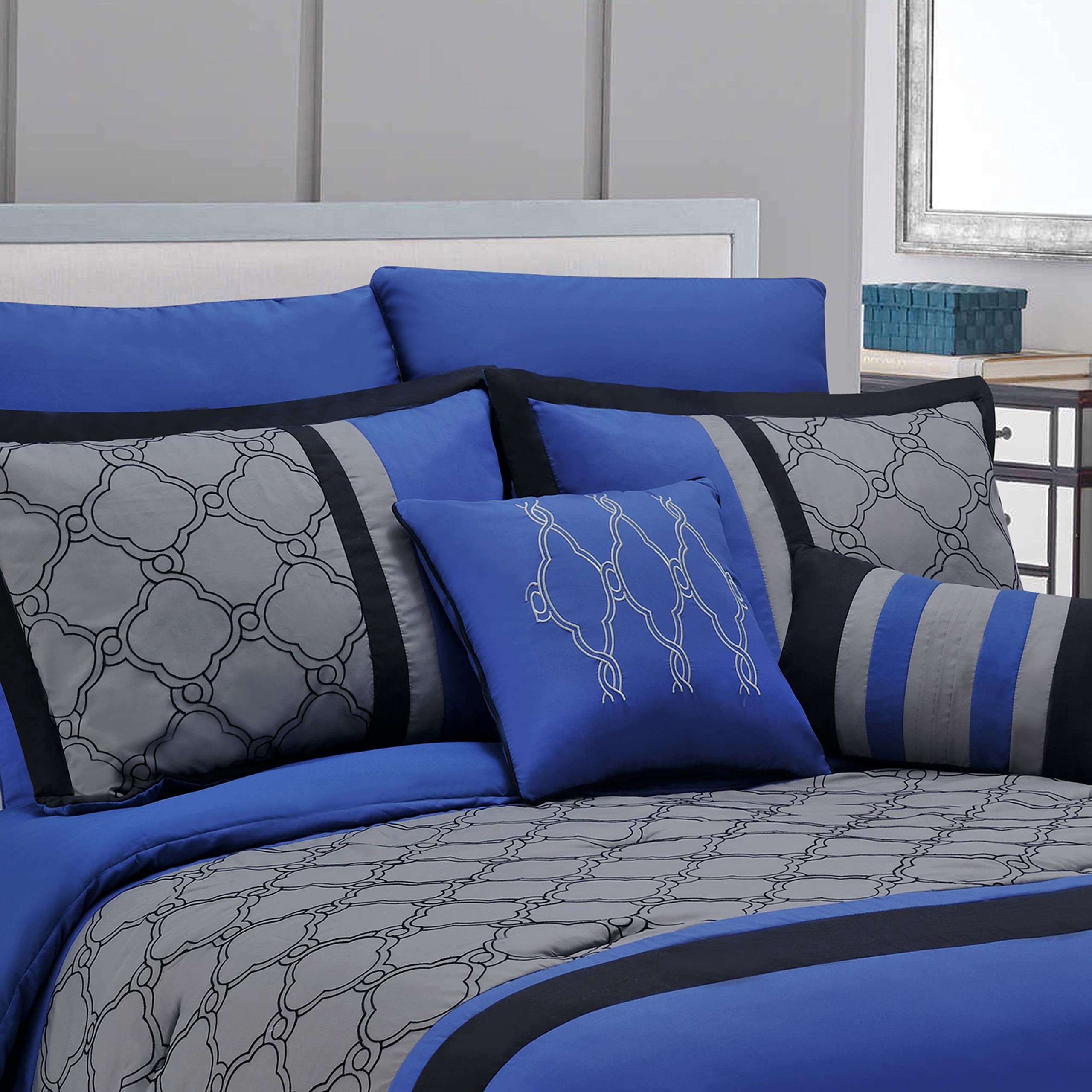 Premium Maxfield 8-Piece Embroidered Comforter Set - California King Size, Luxurious Blue Bedding for Master Bedroom & Guest Room Decor