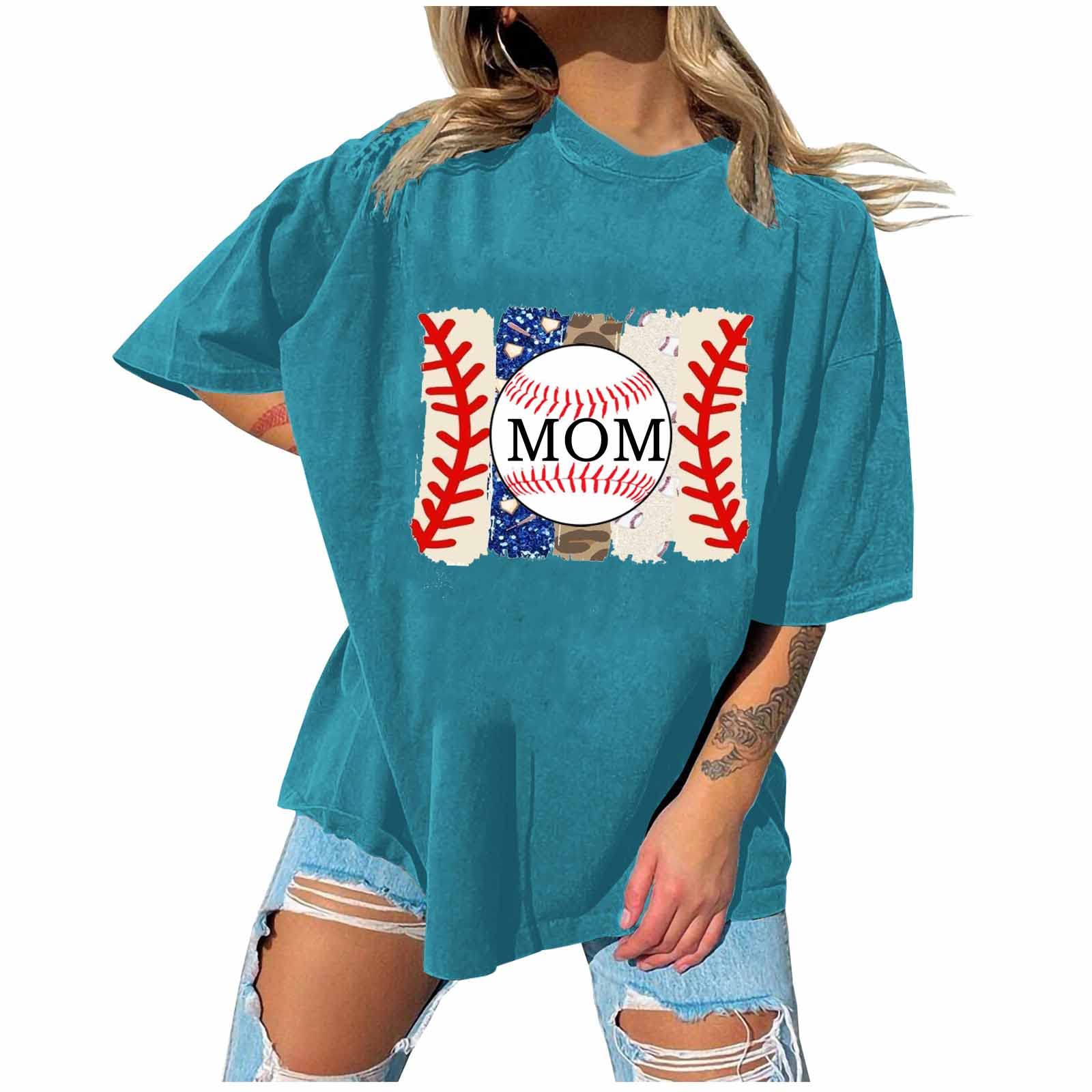 Trendy Baseball Mom T-Shirts for Women - Short Sleeve Oversized Graphic Tees, Casual Round Neck Loose Fit Blouses | Perfect for Mother's Day, Baseball Games & Casual Outings
