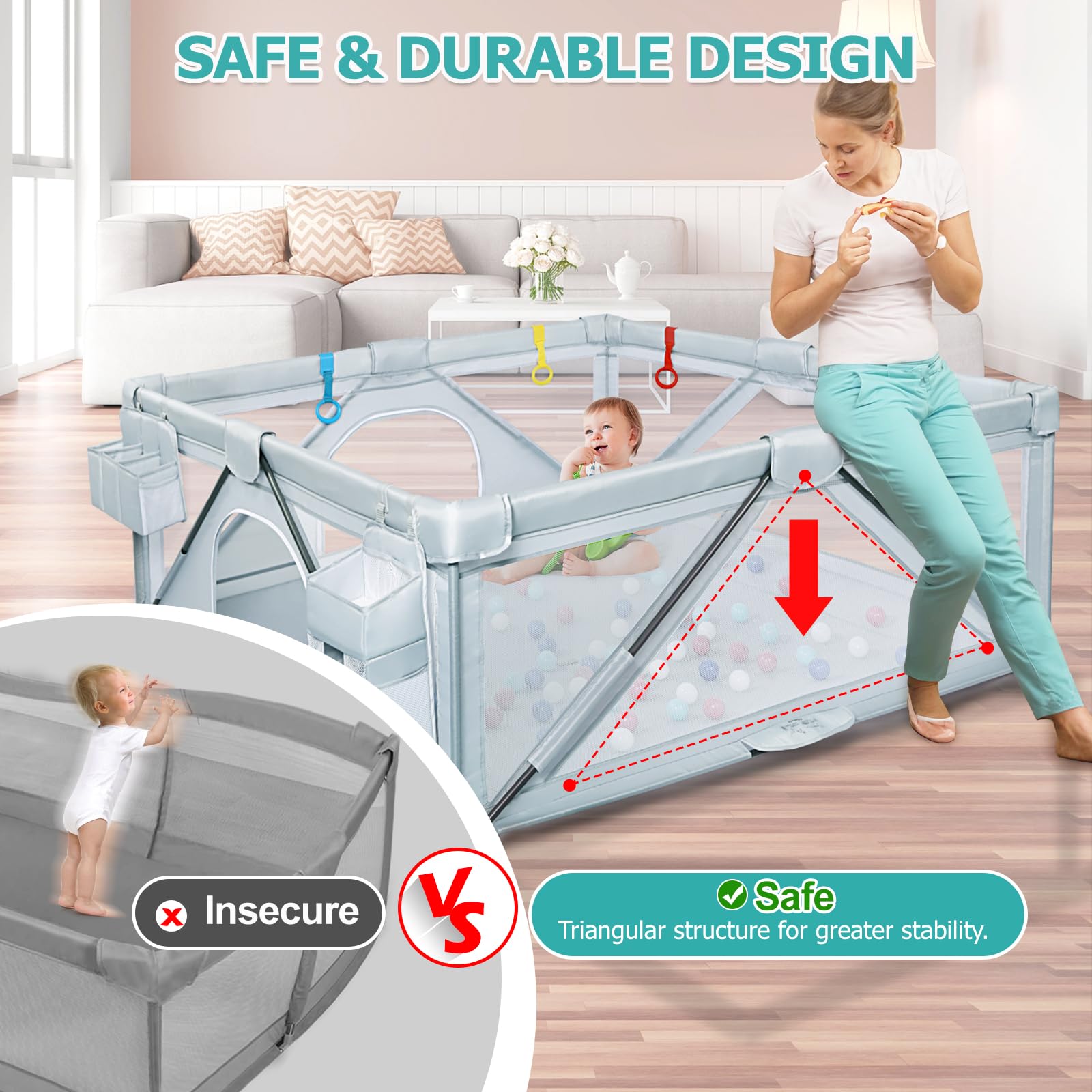 Foldable Baby Playpen for Toddlers - Large Portable Play Yard with 2 Storage Bags & 50 Balls (59