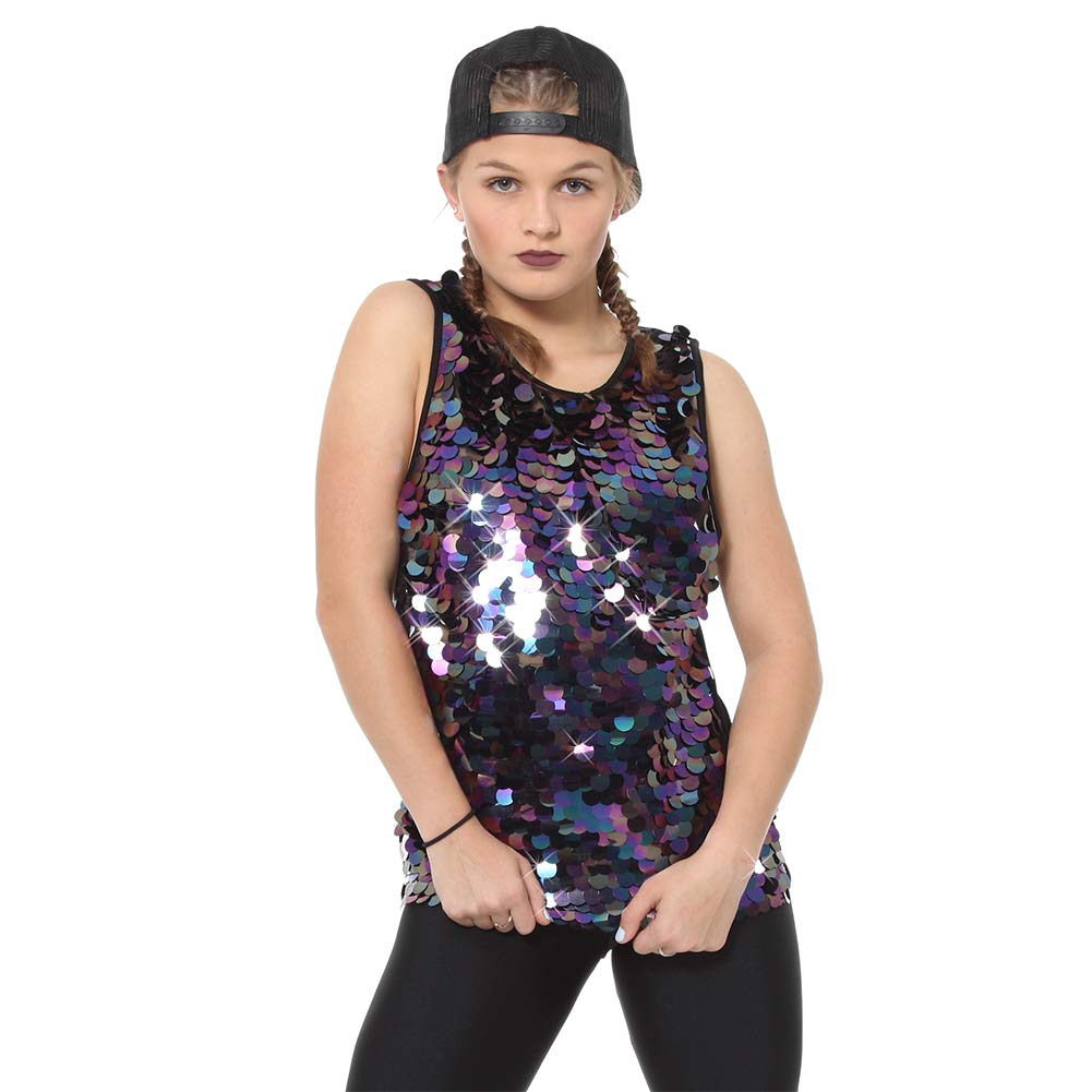 Sparkling Iridescent Sequin Mermaid Tank Top for Women & Girls - Black | Perfect for Dance, Parties, and Night Out Outfits