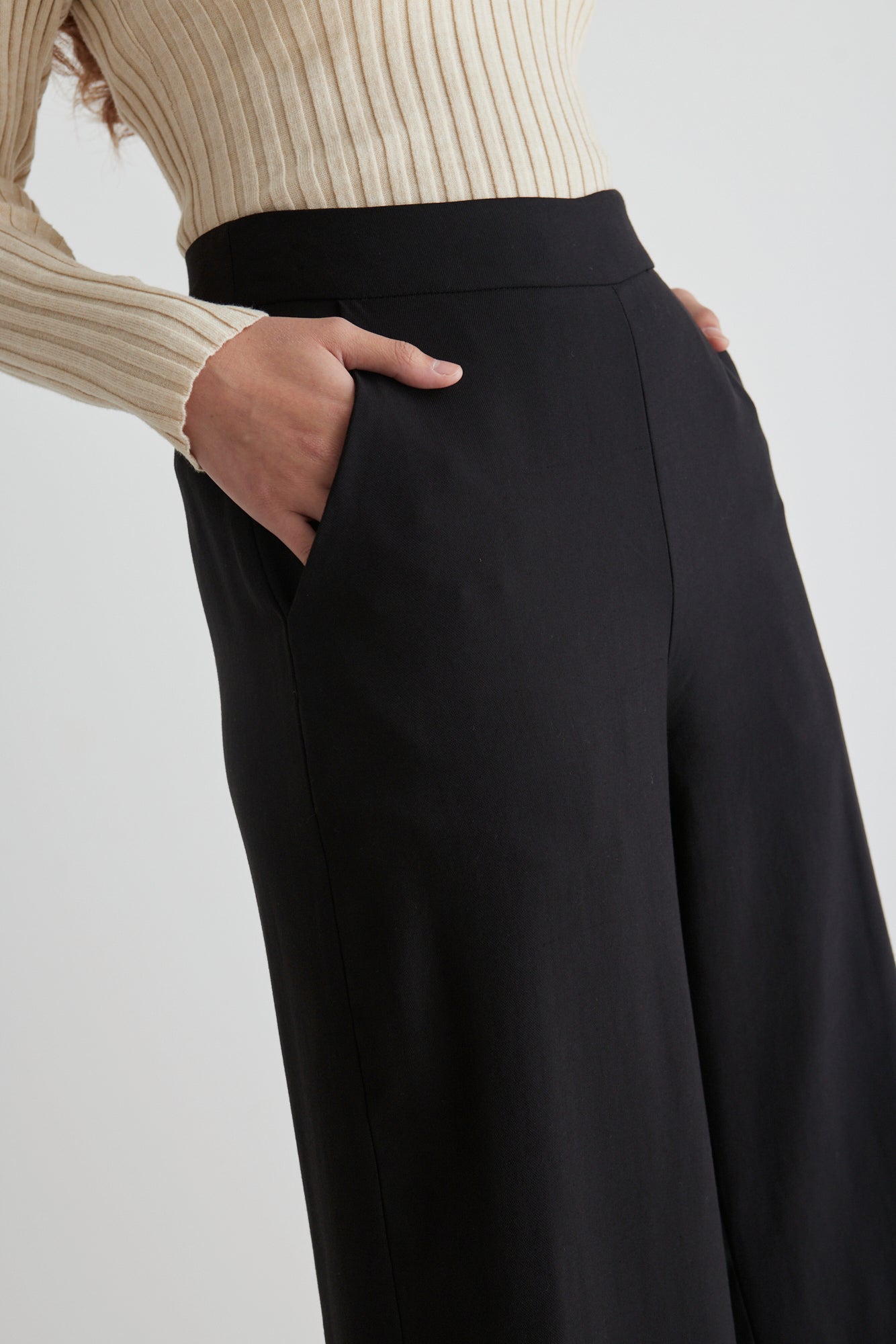 Effortless Black Viscose Deep Band Wide Leg Pants - Comfortable High Waist Lounge Pants for Women, Perfect for Yoga, Home Wear and Casual Outfits