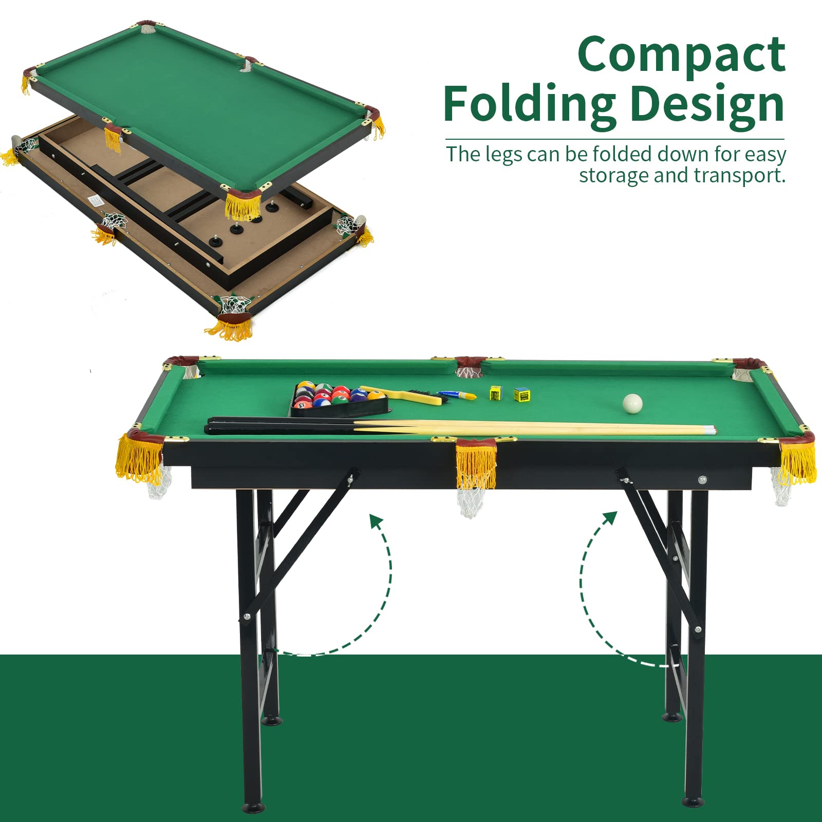 OLAKIDS 47 Inch Portable Folding Billiards Table Set - Includes 2 Billiard Cues, Balls, Triangle Rack, Brush & Chalk - Compact Pool Table for Kids, Adults, Family & Office - Perfect for Indoor Games, Birthday Gifts & Home Entertainment