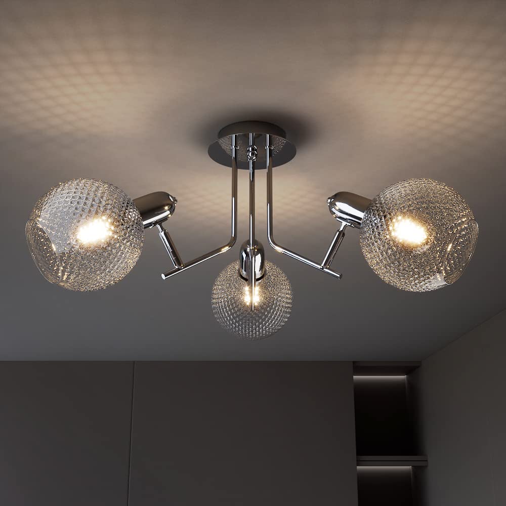 Modern 3-Light Bubble Chandelier with Brushed Nickel Finish & Glass Shade - Flush Mount Sputnik Ceiling Light Fixture for Living Room, Bedroom, Dining Room, Kitchen & Foyer - Perfect for Contemporary Home Decor & Ambient Lighting